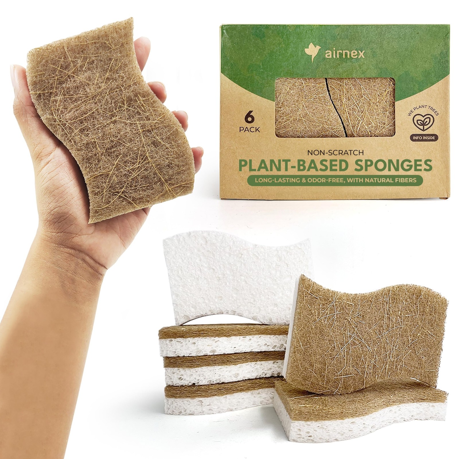 Natural Kitchen Sponges (6 Pack) - Biodegradable Cellulose & Coconut Scrubber...