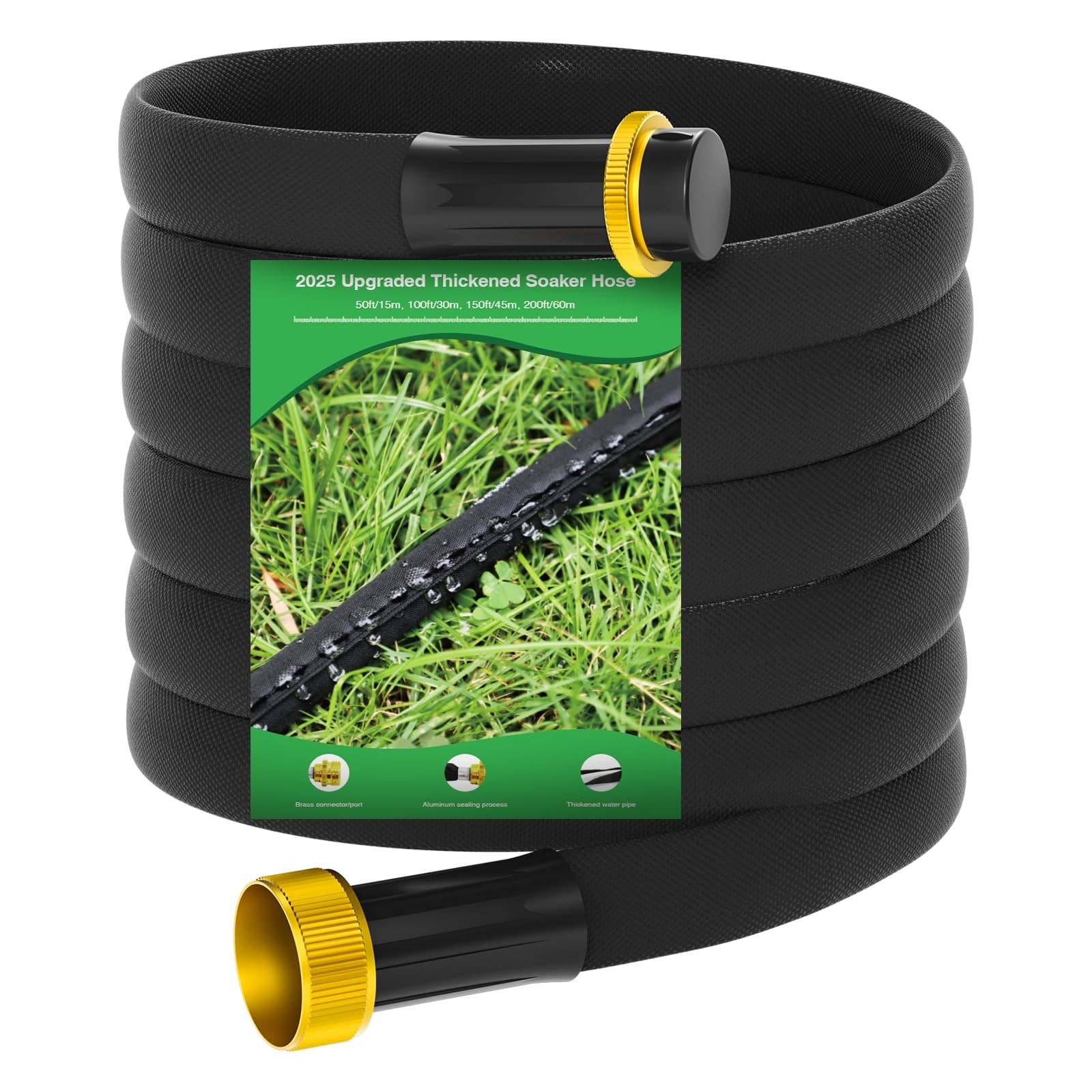 Mixc 2025 Thickened Flat Soaker Hose 50Ft w/ Copper Joint, Aluminum Seal, 1mm Th
