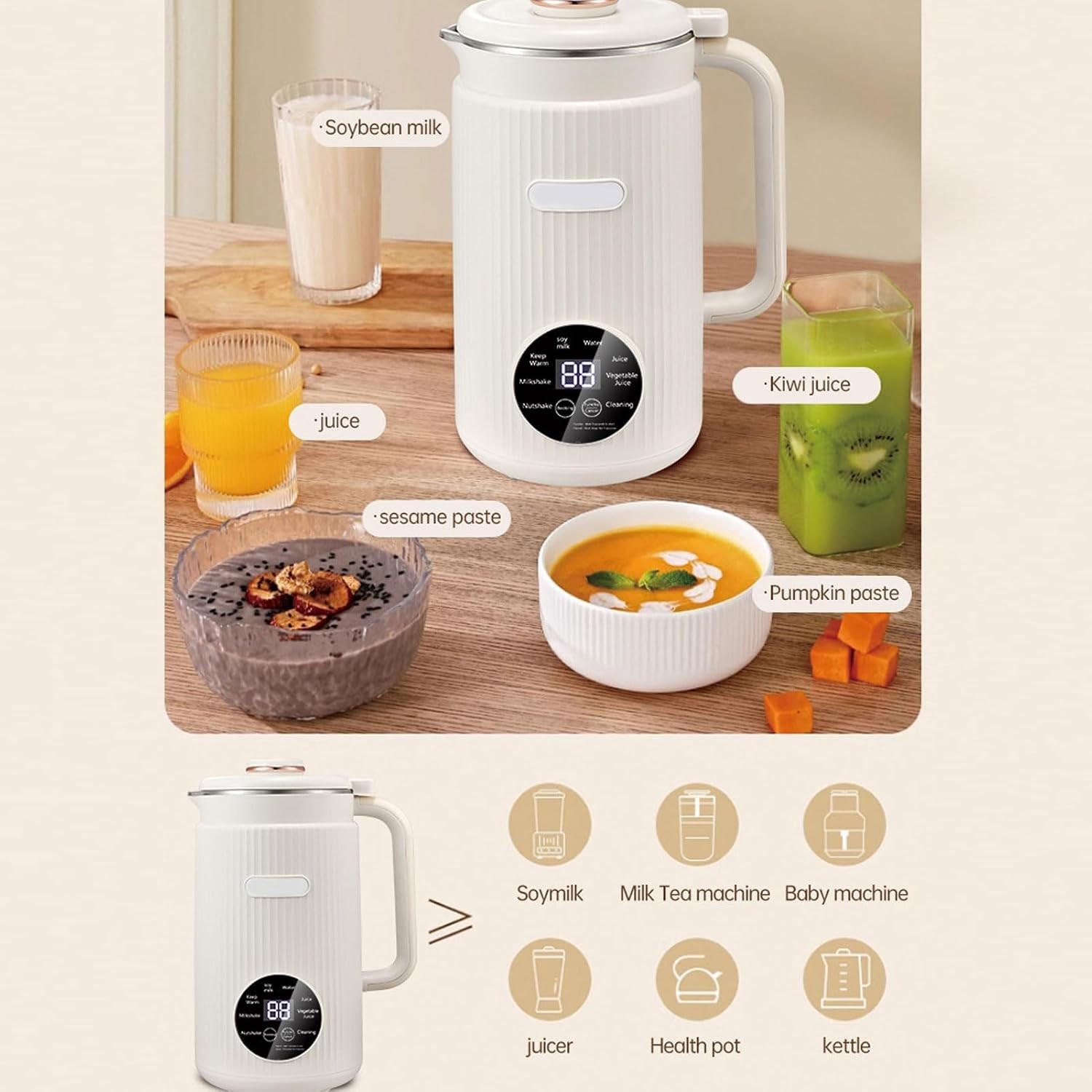 Nut Milk Soy Milk Maker Programmable Blender with Digital Display White