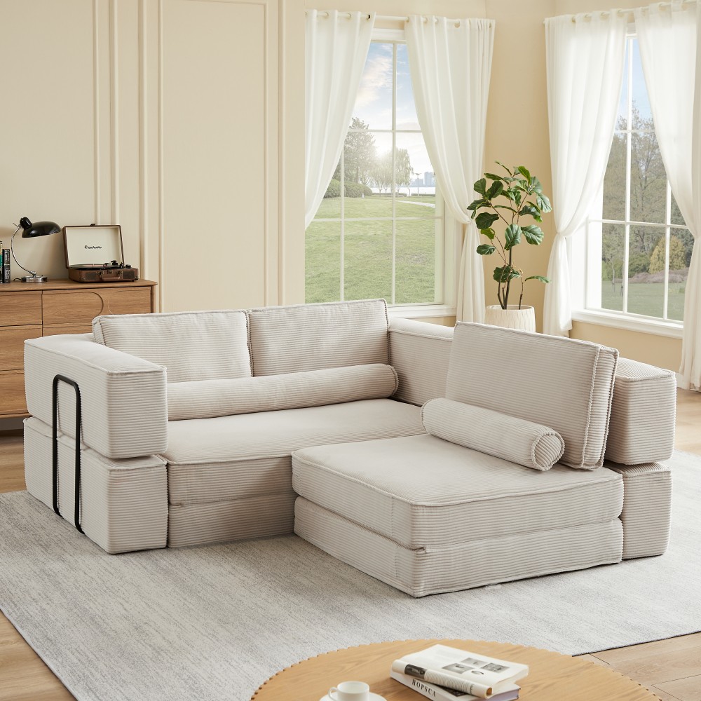 4-Seat Corduroy Modular Sectional Sofa Deep Seat Convertible Khaki Free Shipping