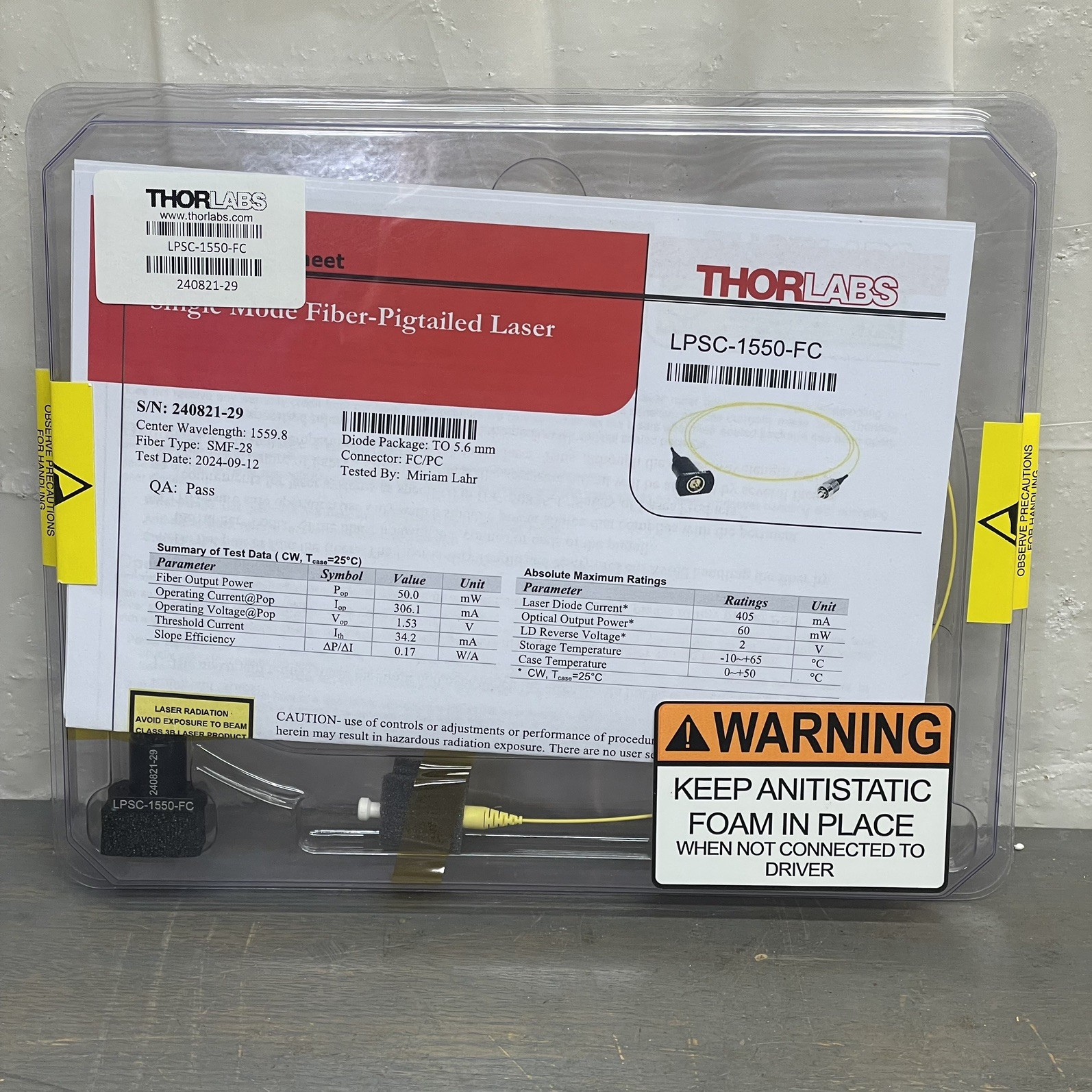 Thorlabs Single Mode Fiber-Pigtailed Laser Diode LPSC-1550-FC NEW
