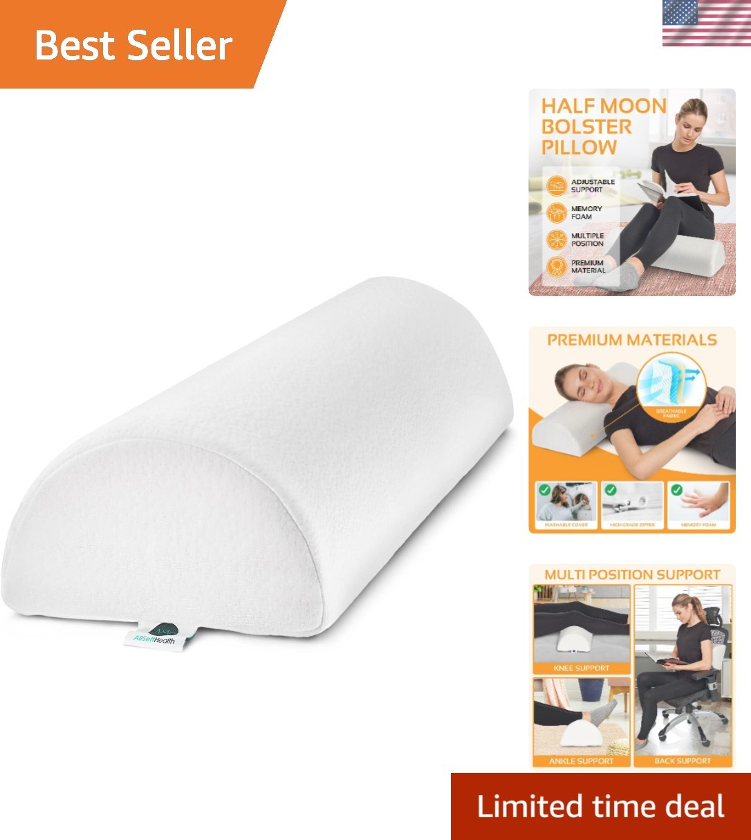 Elegant Half Moon Bolster Pillow in White - Memory Foam for Ultimate Comfort