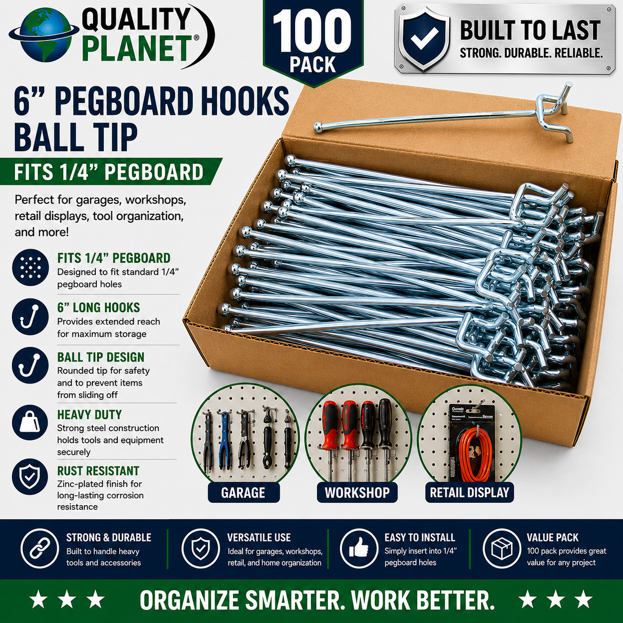 100pc 6" Peg Board Hooks Zinc Plated Tool Storage Hooks