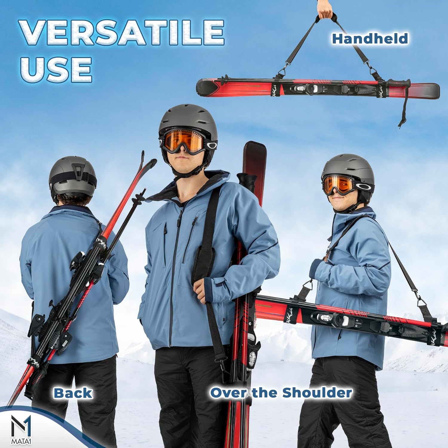 Ski Strap & Pole Carrier - Black - Adjustable Shoulder Strap to Carry Skis & Pol