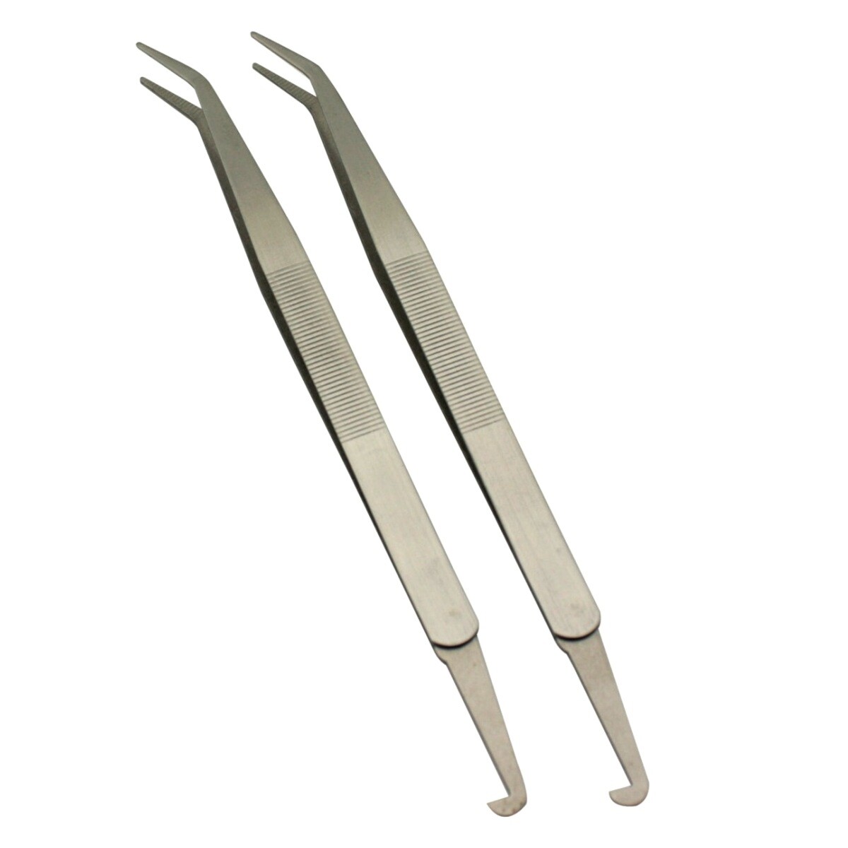 7" Bent Tip Tweezers with Hook on End - Set of 2