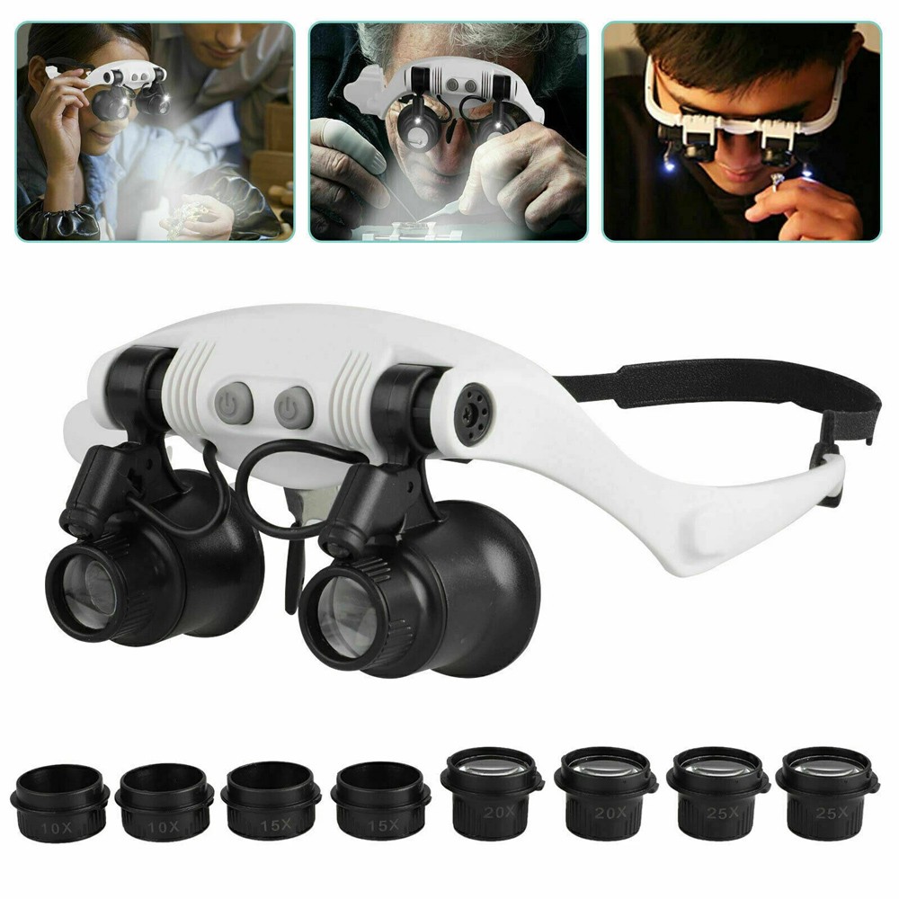 Headband Head Magnifier 8 Lens LED Light Jeweler Watch Loupe Magnifying Glasses