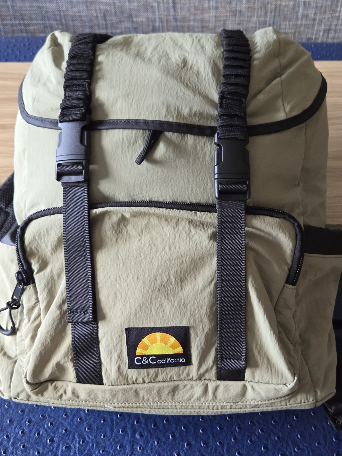 C&C California Khaki Black Hiking Backpack Buckle Drawstring 3 Pockets Adj Stra…