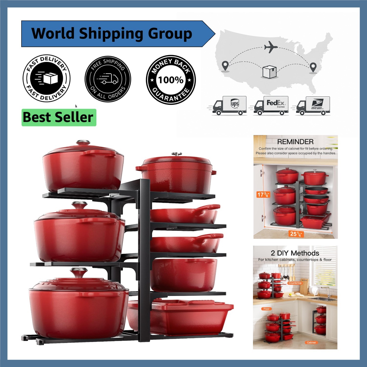 15.8” Adjustable Pots & Pans Organizer - 120 lbs Capacity for Kitchen Storage