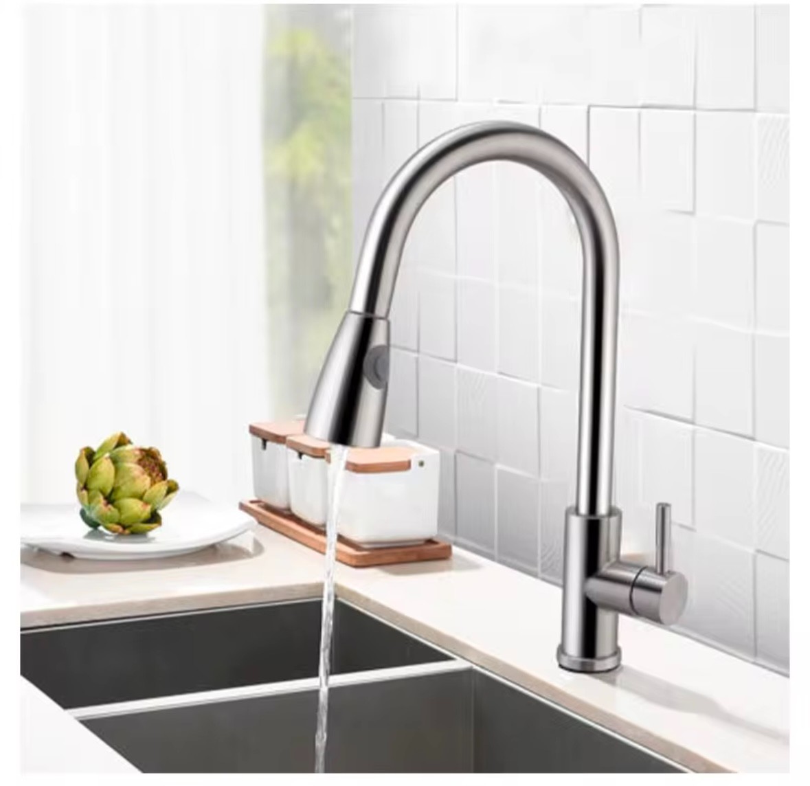 Stainless Steel modern Kitchen Faucet pull down sprayer Fancy hot cold - Silver