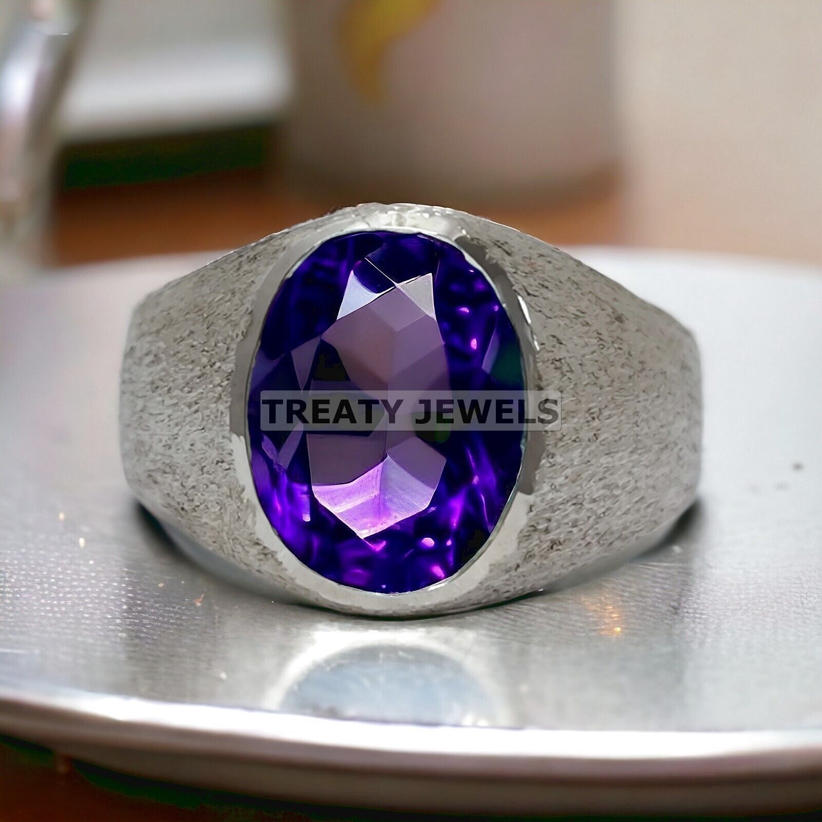Amethyst Oval Cut Gemstone With 14K Solid White Gold Ring For Men's #132
