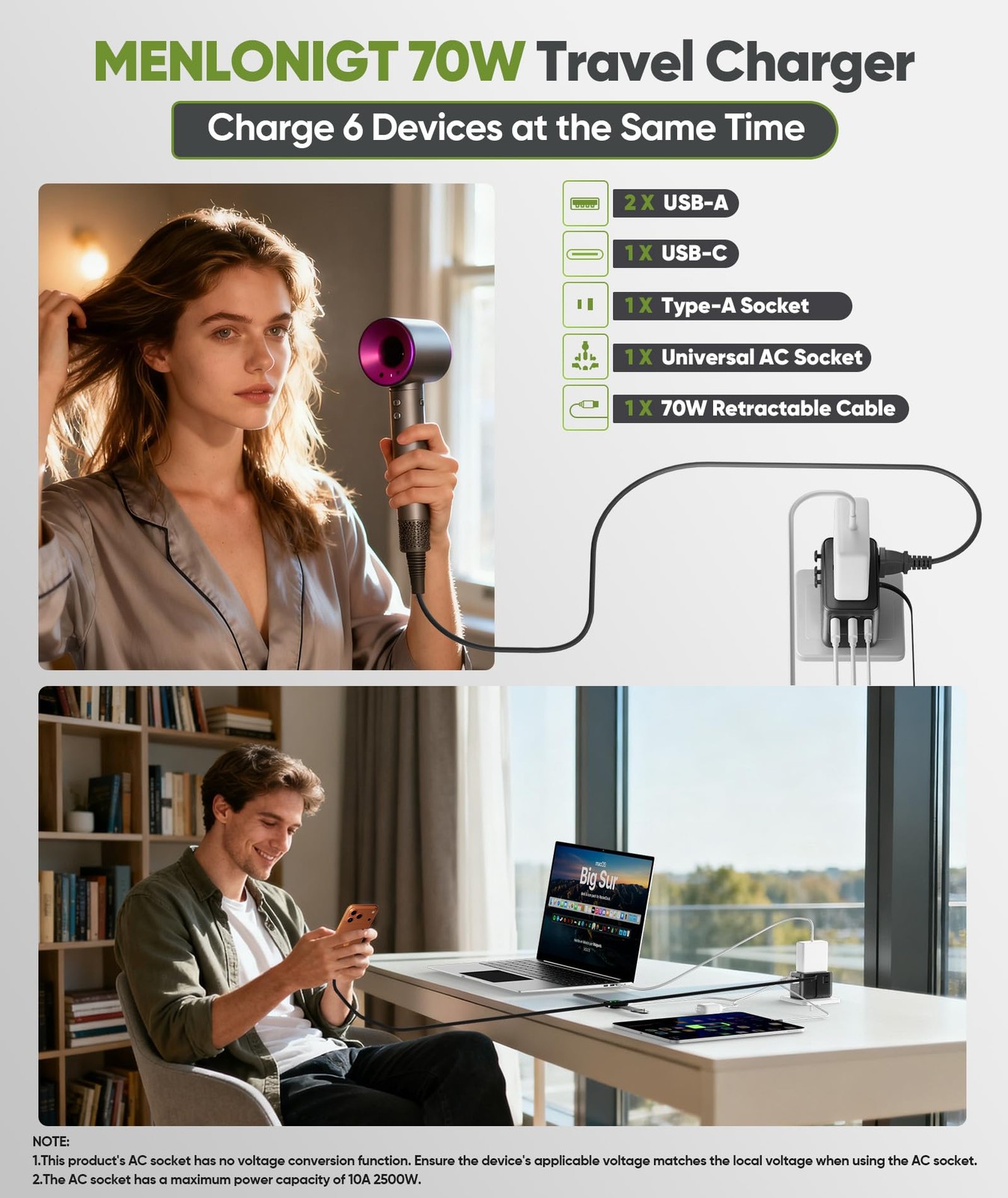 70W GaN Universal Travel Adapter with Retractable USB-Cable, Fast Wall Charge...