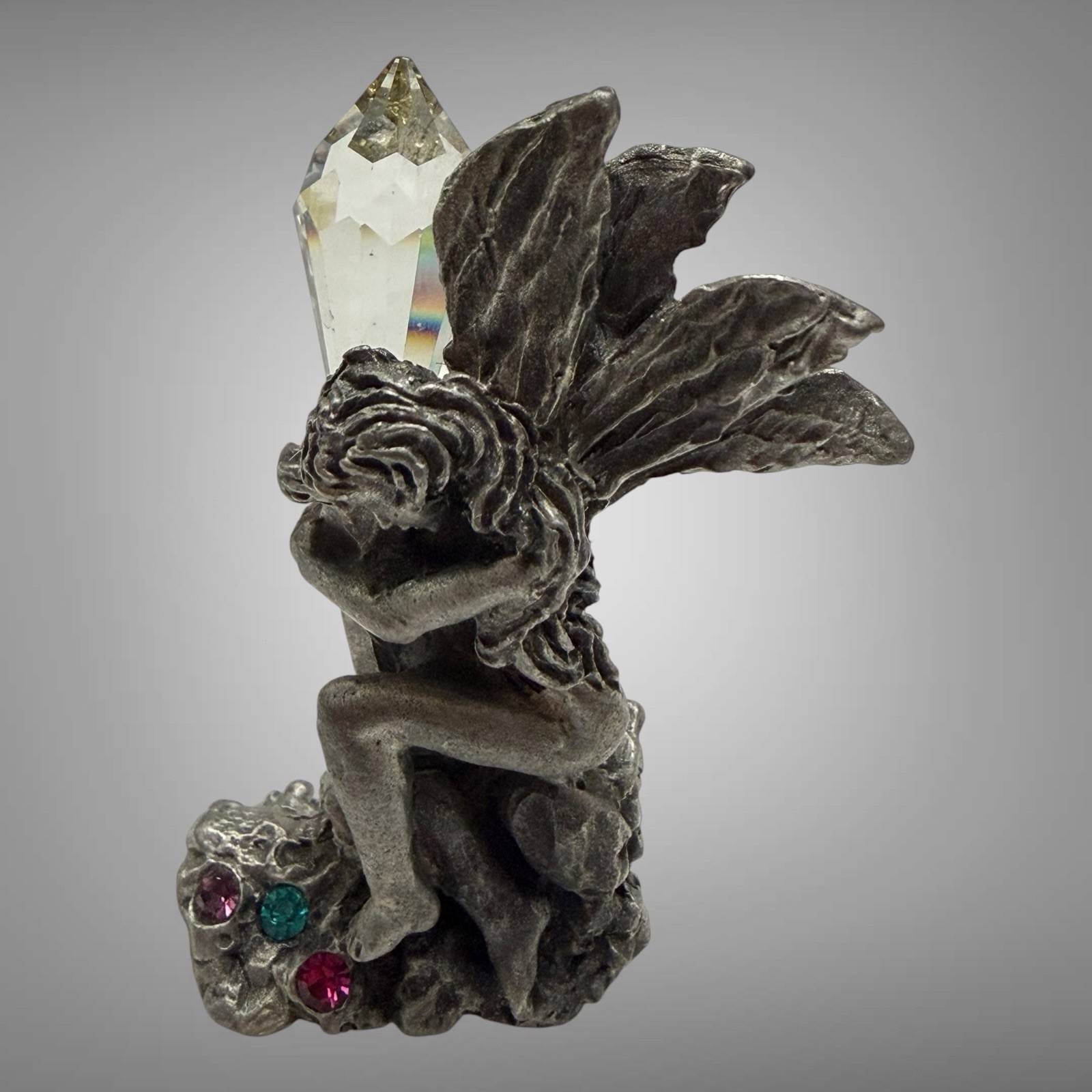 Vintage Pewter Fairy Holding A Large Crystal Rhinestone Figurine