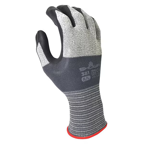 Showa Coated Gloves, Foam Nitrile, Foam, Palm, 4 Abrasion Level, Gray, 2XL (10)