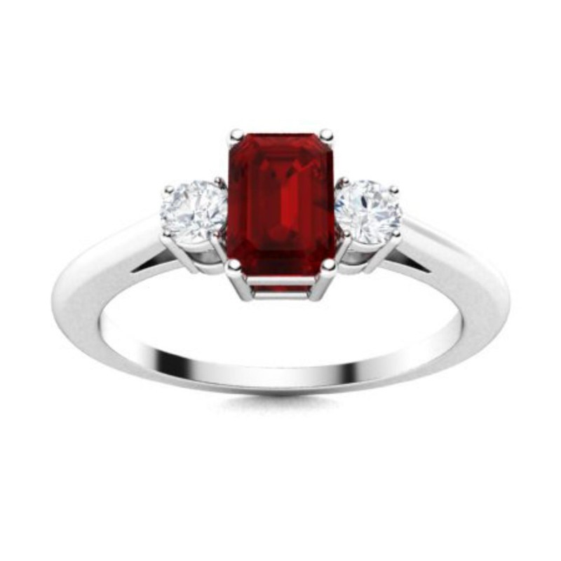 925 Sterling Silver 6x4mm Emerald Cut Red Garnet Three-Stone Ring For Women