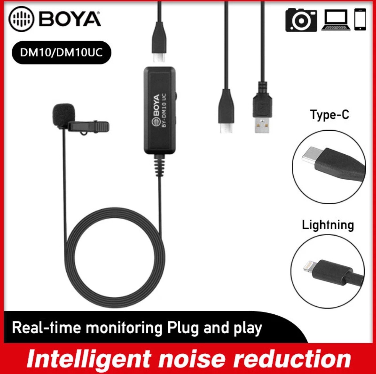 BOYA BY-DM10/DM10UC Lavalier Lapel Microphone 6m Clip-on Single Head for Android