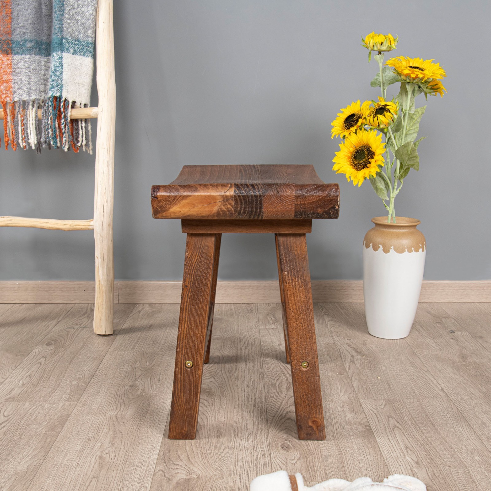 Rustic Old Pine Wooden Stool Bench Side Table Farmhouse Bedside Table 18.5" H