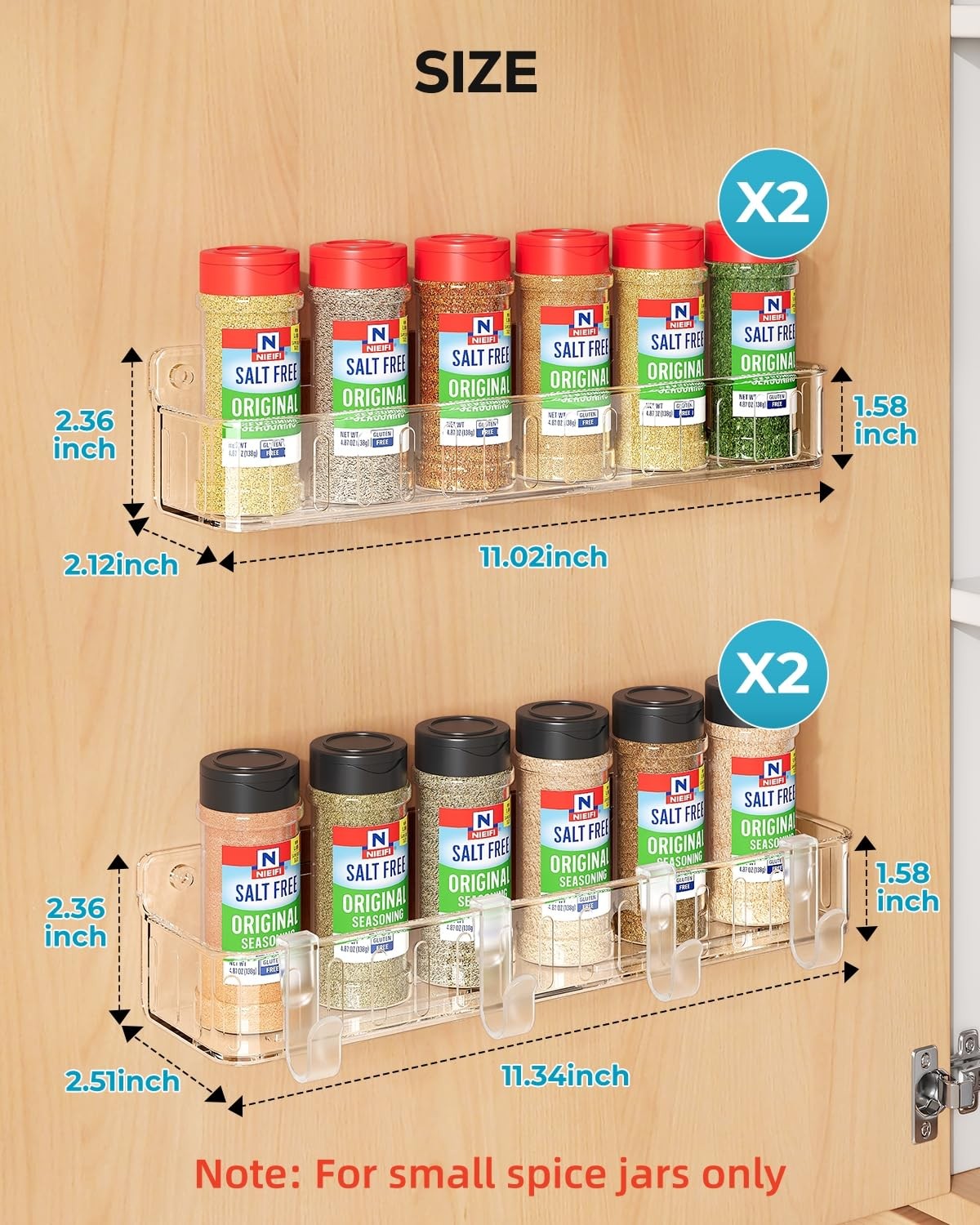 Wall Mount Spice Rack Organizer, 4 Pack, Clear, Adhesive or Screw Mount