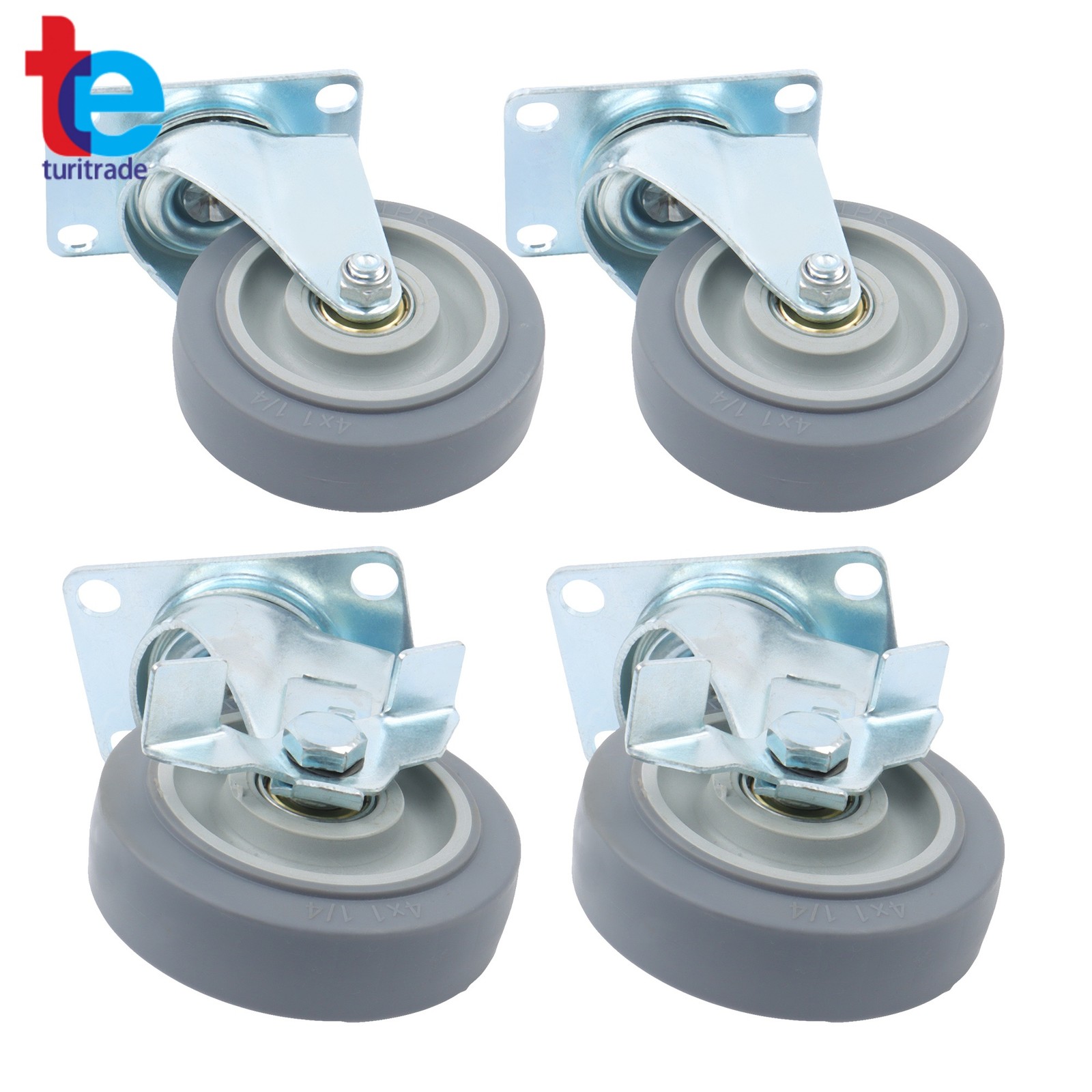 4 Pcs 1200Lbs 4 Inch Swivel Caster Wheels Two Inclined, Two Inclined Belt Brakes