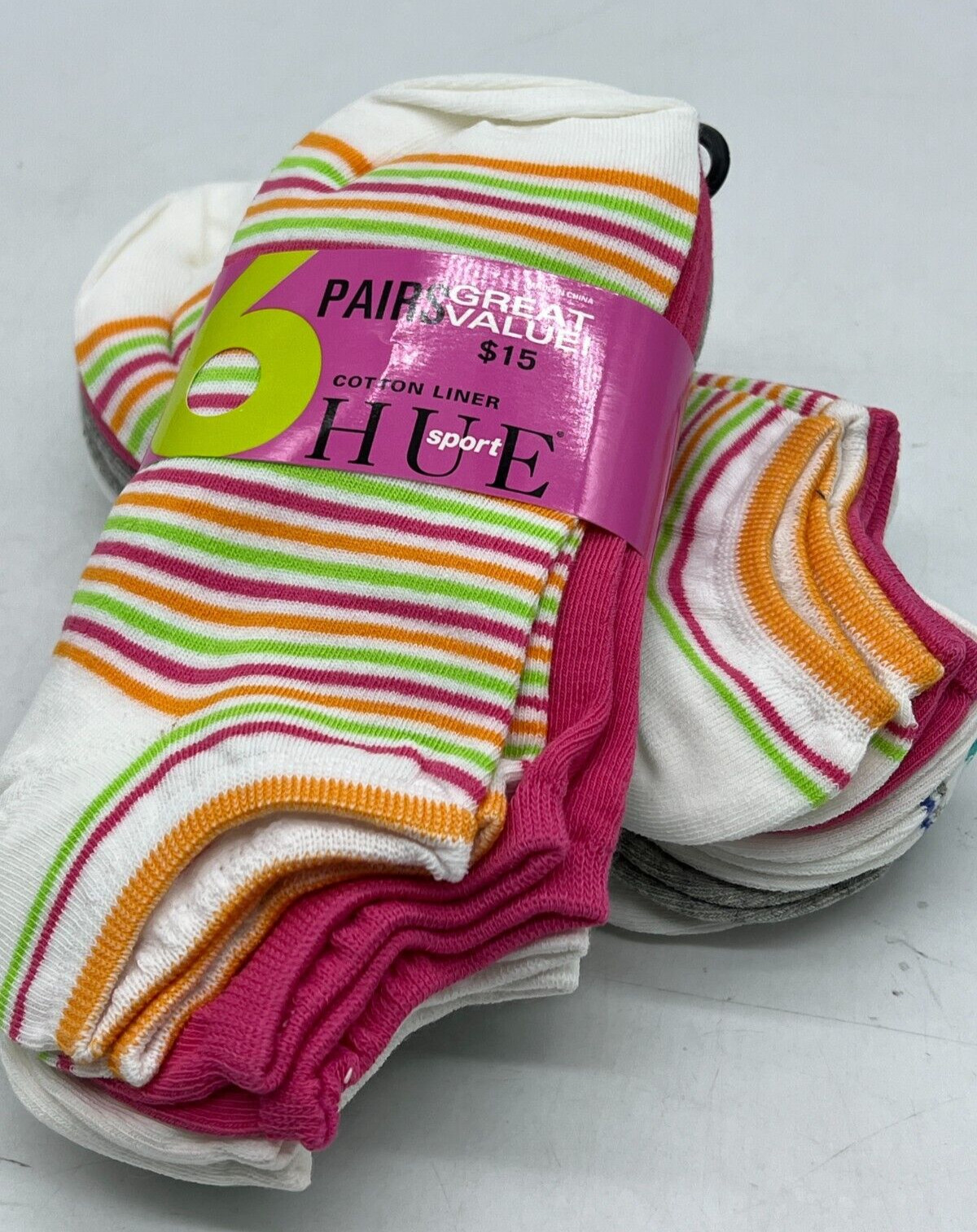 6 Pairs HUE Sport Multicolor Stripe Cotton Liner Socks One Size U6421