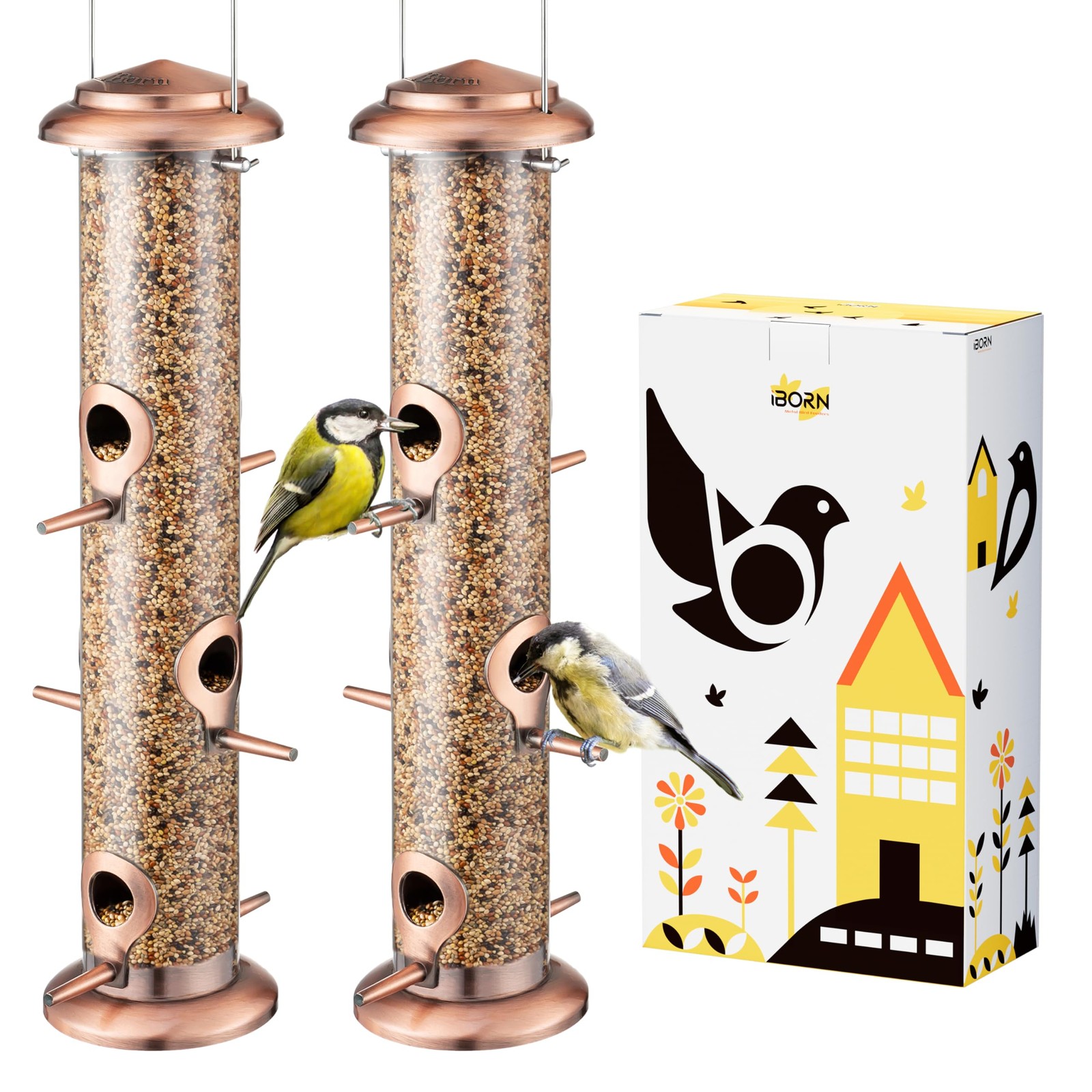iBorn Metal Bird Feeders 15 inch Pack of 2, Brushed Copper,6Port,GIFT BOX