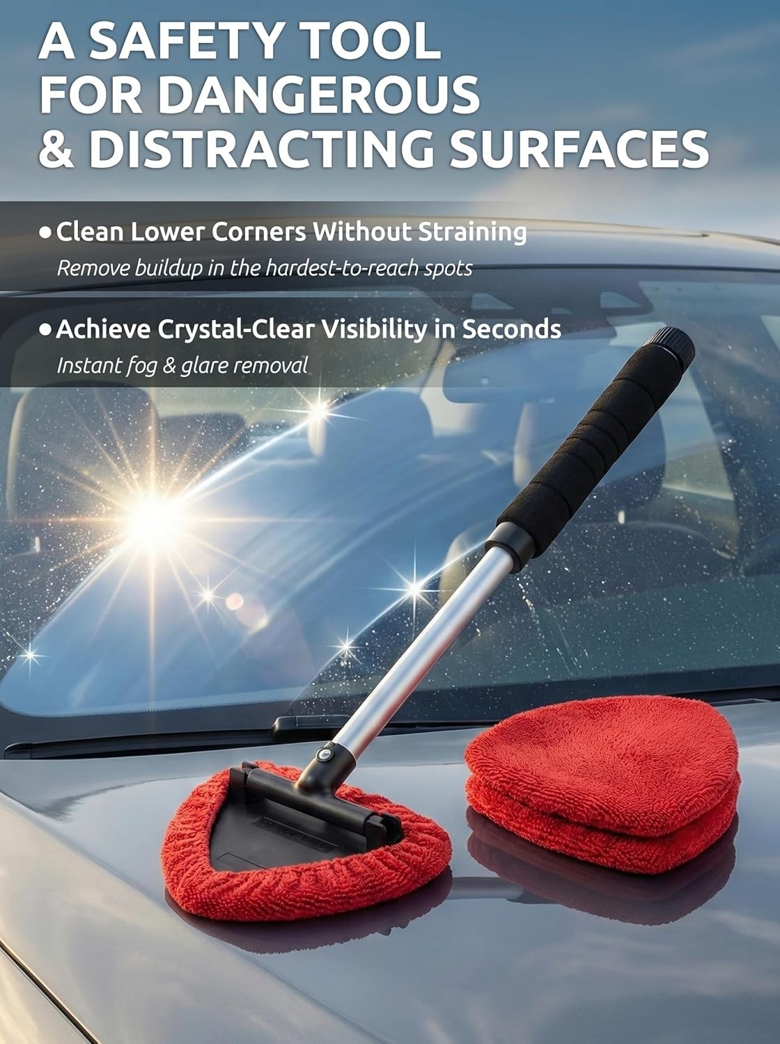 Windshield Cleaner Tool Extendable Long Handle Pivoting Head Microfiber Bonnets