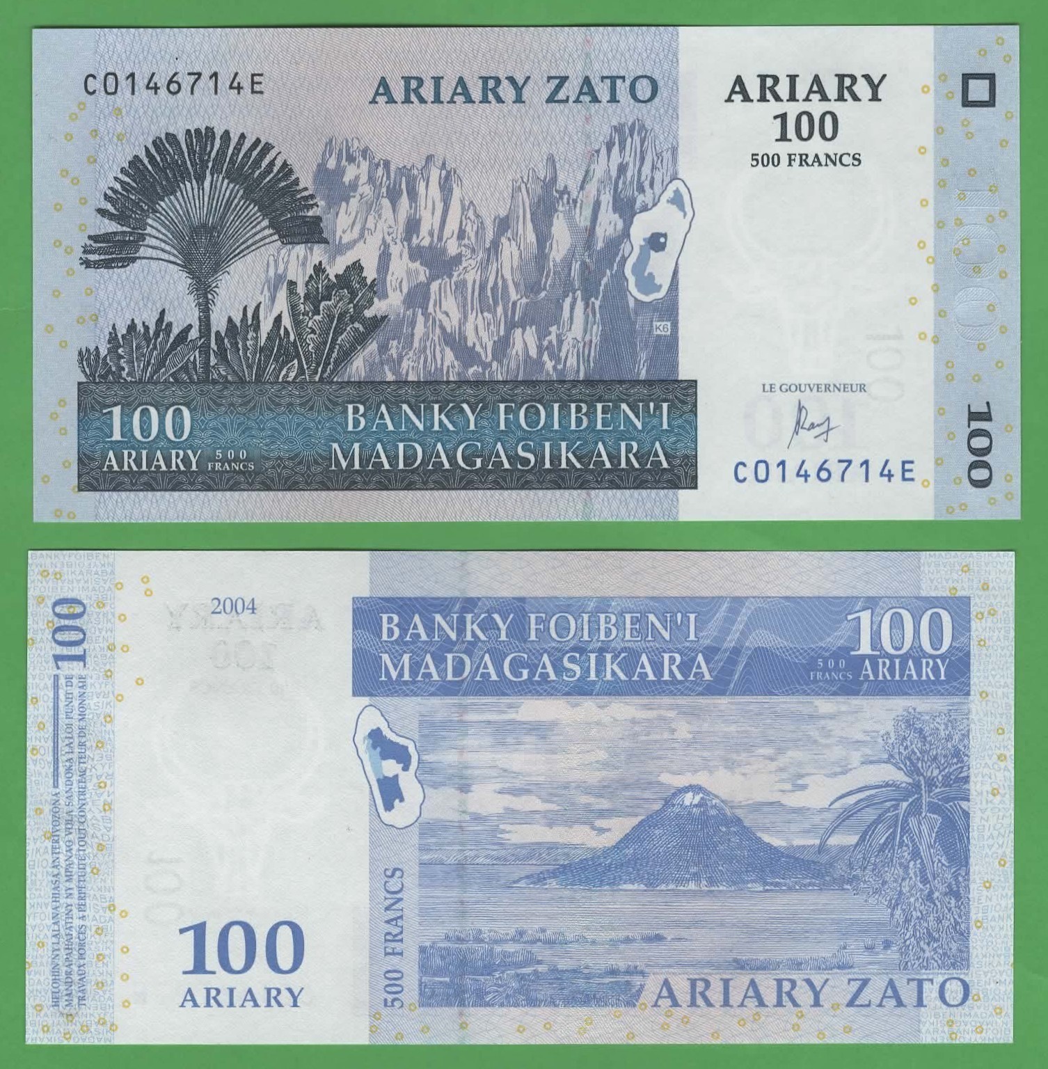 Madagascar 100 Ariary / 500 Francs 2004 UNC • P‑86c • Ravinala Palm • Tsingy • Z
