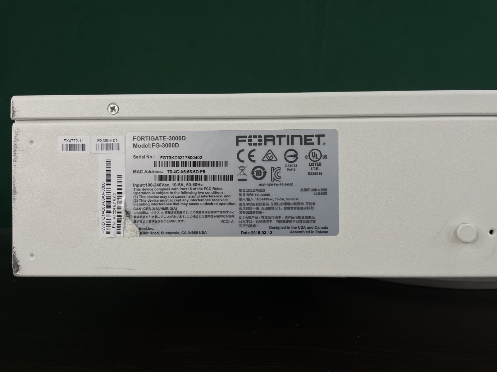 Fortinet FortiGate 3000D Firewall FG-3000D Dual Power +Ears /Registered