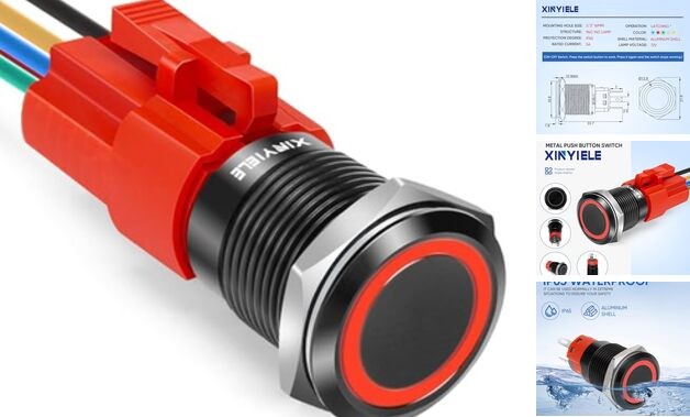 16MM Latching 12V Push Button Switch On Off,Waterproof with Black Shell Red LED