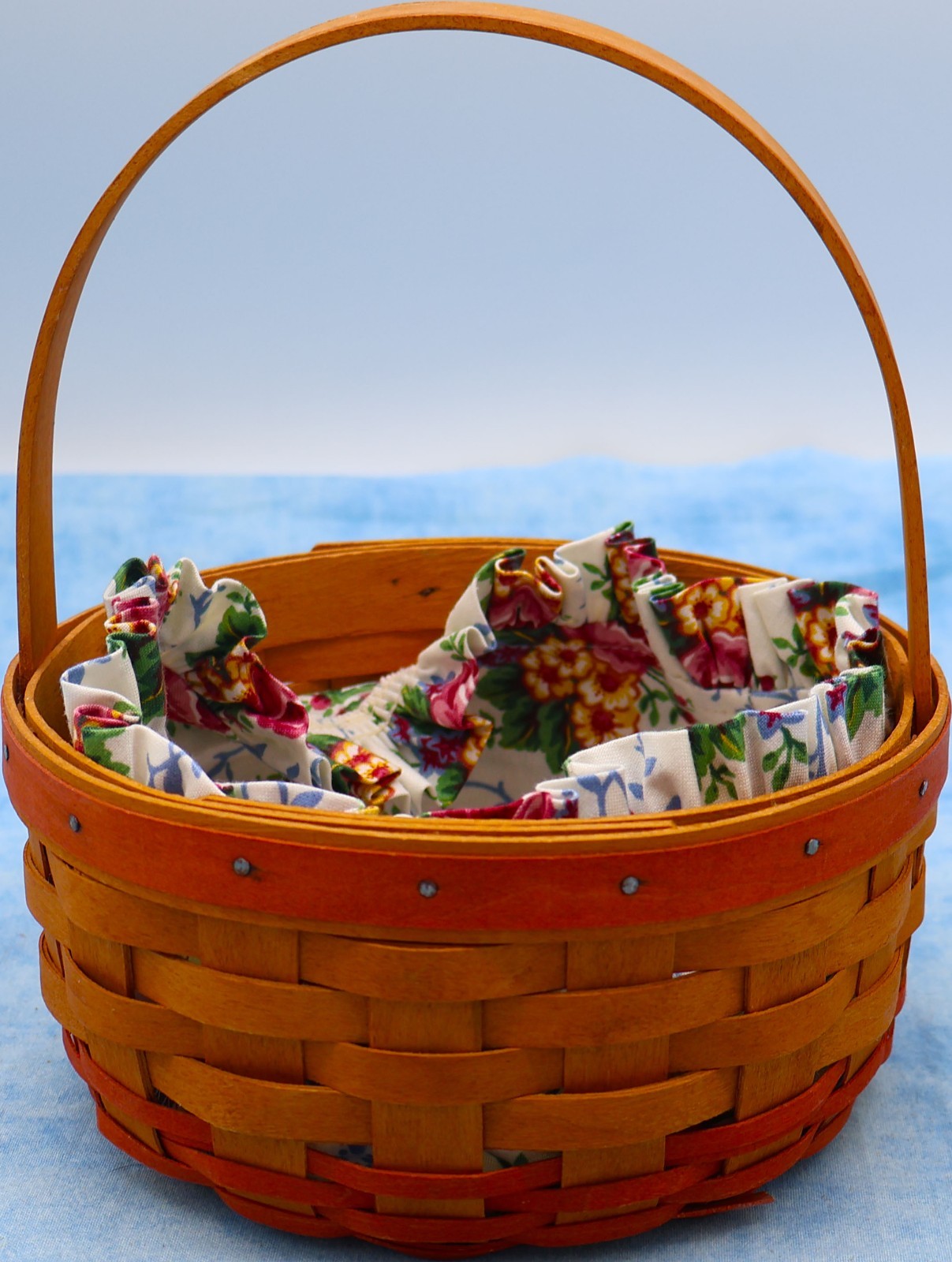 Longaberger 1998 Round Basket Fixed Handle Floral Liner 7” USA