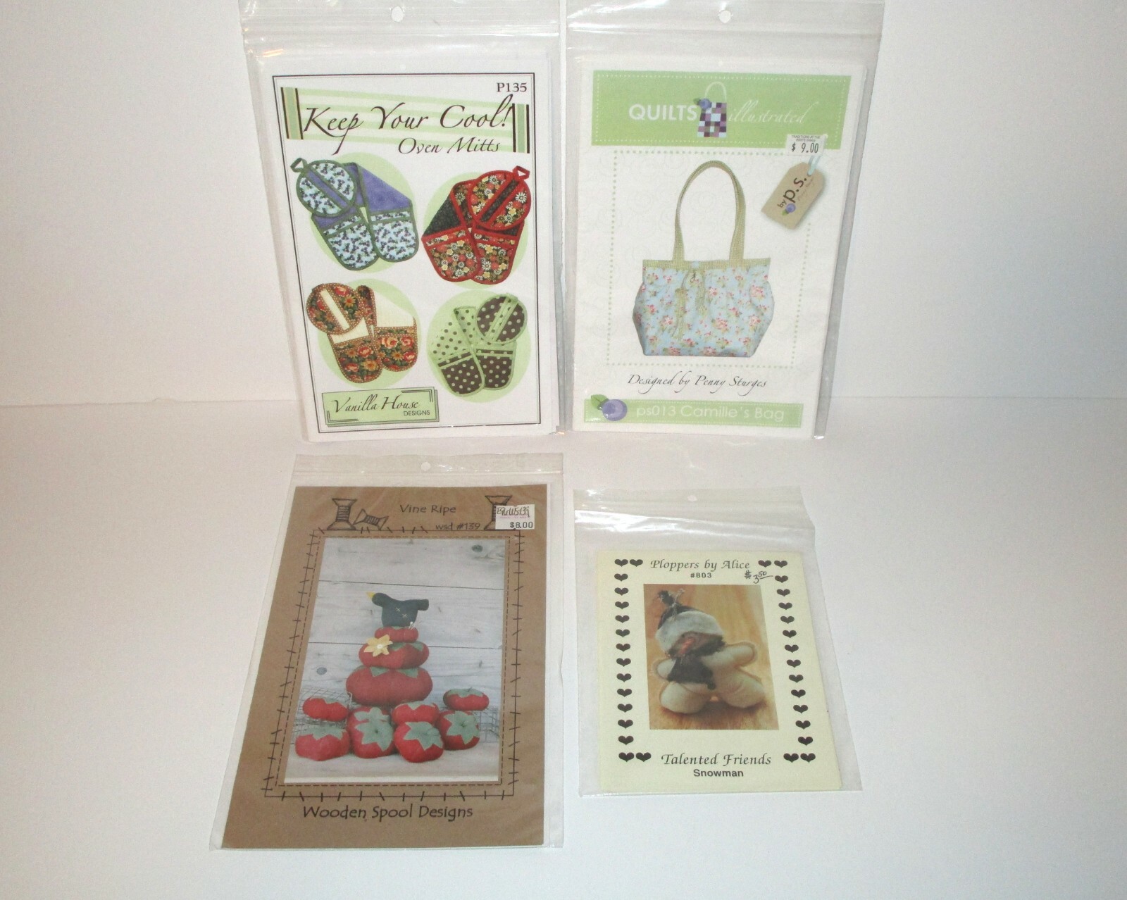 Craft Pattern Lot of 4: Oven Mitts, Camille's Bag, Vine Ripe, and Snowman