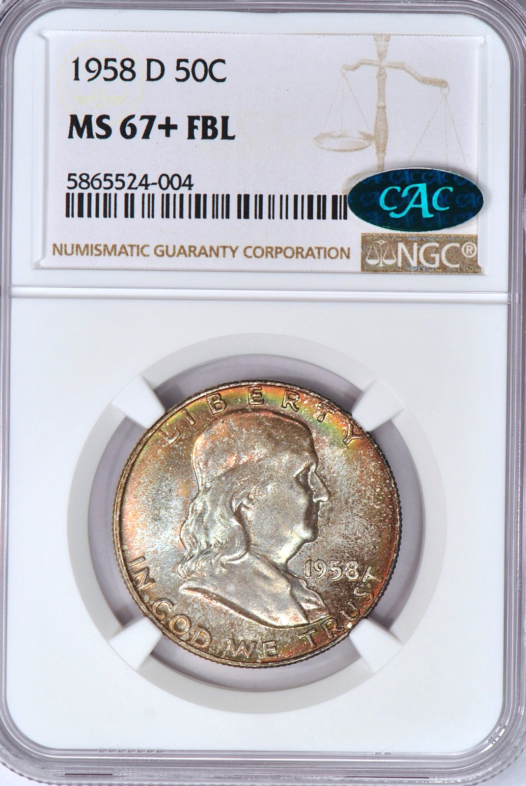 1958 D Toned Franklin Half Dollar NGC CAC MS 67 PLUS FBL 67+ See Video Toning
