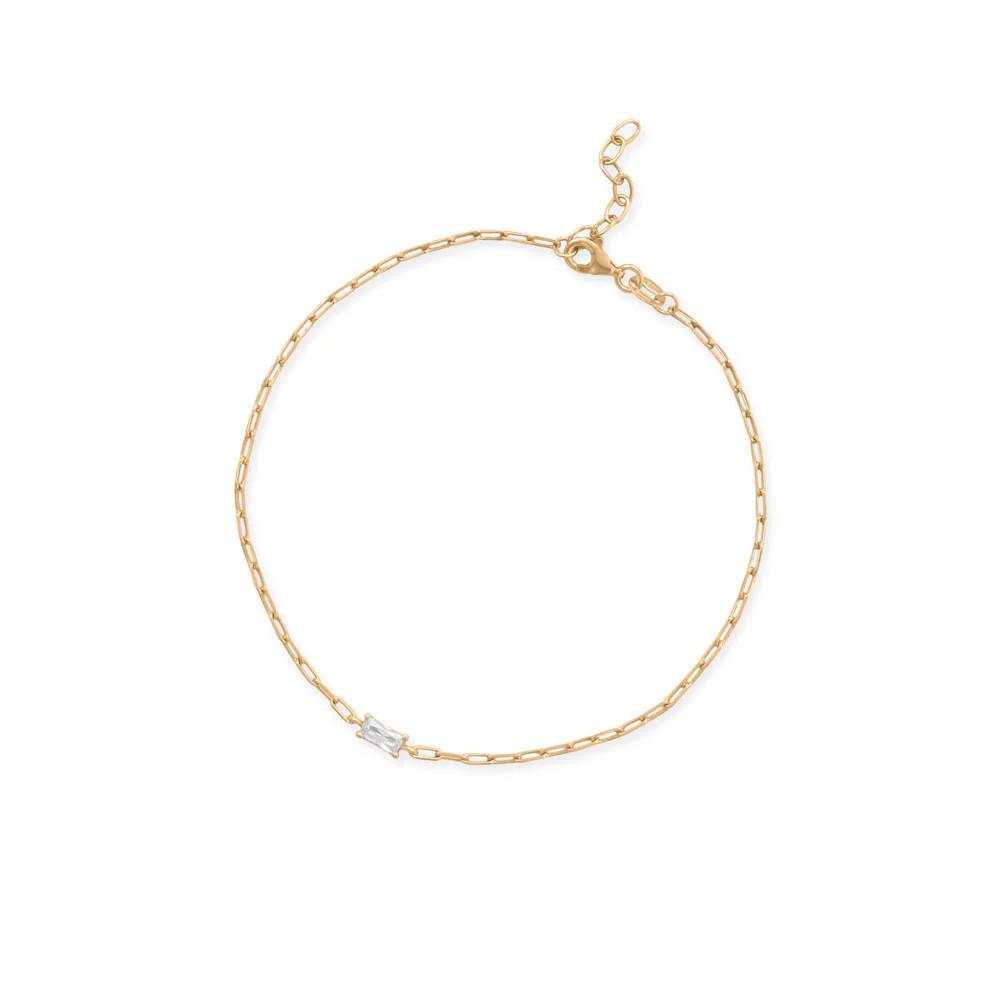 Women's Gold Plated 925 Sterling Silver Baguette CZ Paperclip Chain Anklet - Ann