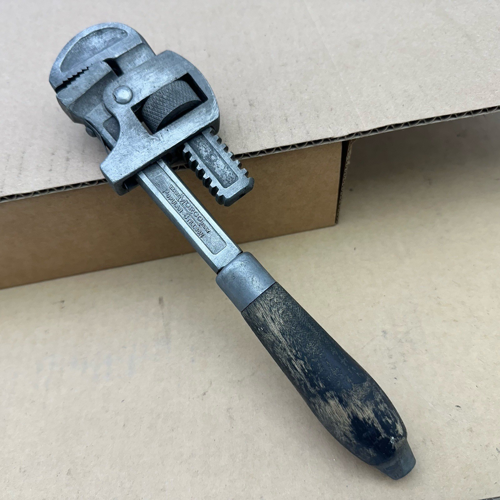 ANTIQUE STILLSON "MORCO" 10 INCH PIPE WRENCH MOORE DROP FORGED SPRINGFIELD,MA