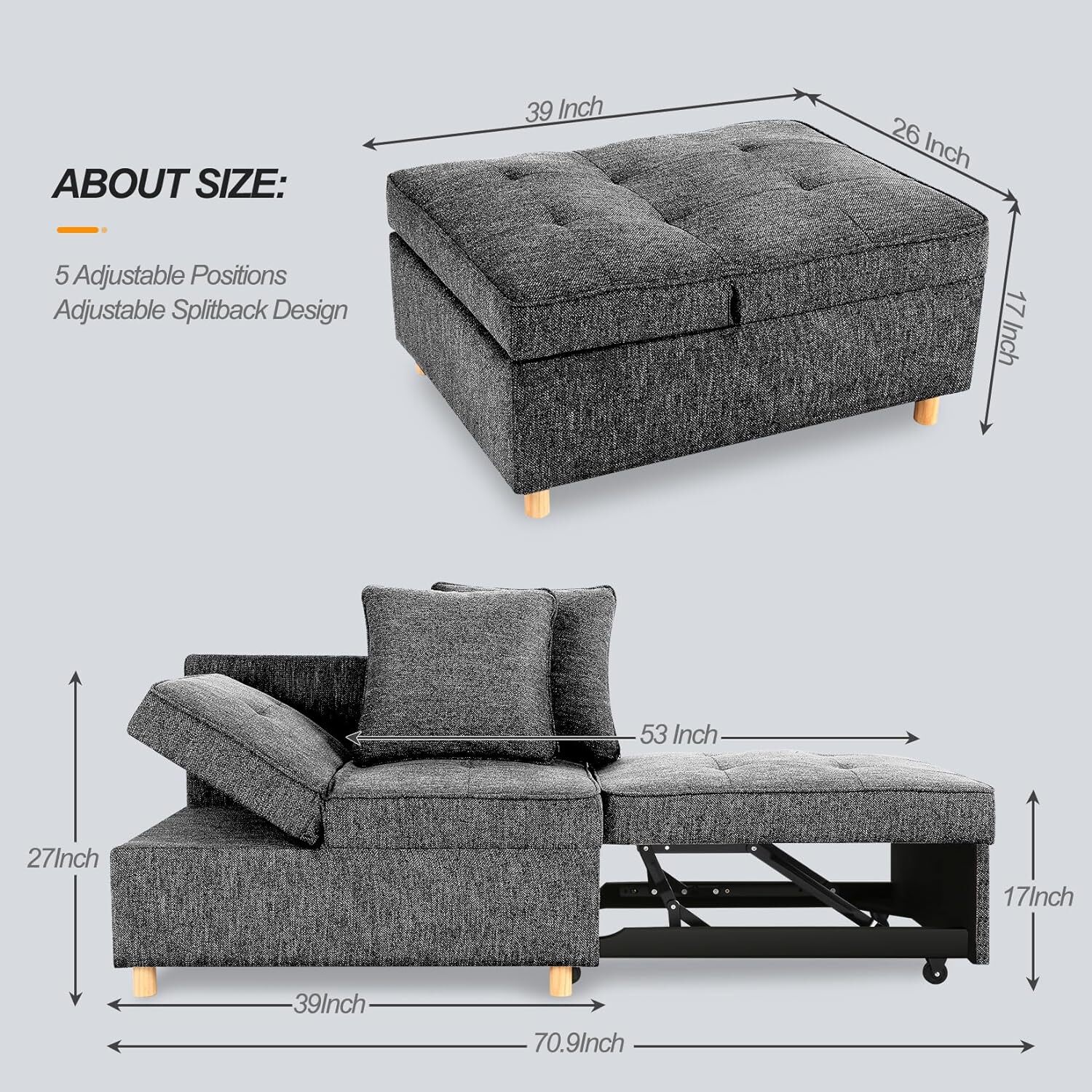 4-in-1 Folding Ottoman Sofa Bed, Convertible Chair Multi-Function Sleeper Sofa*)