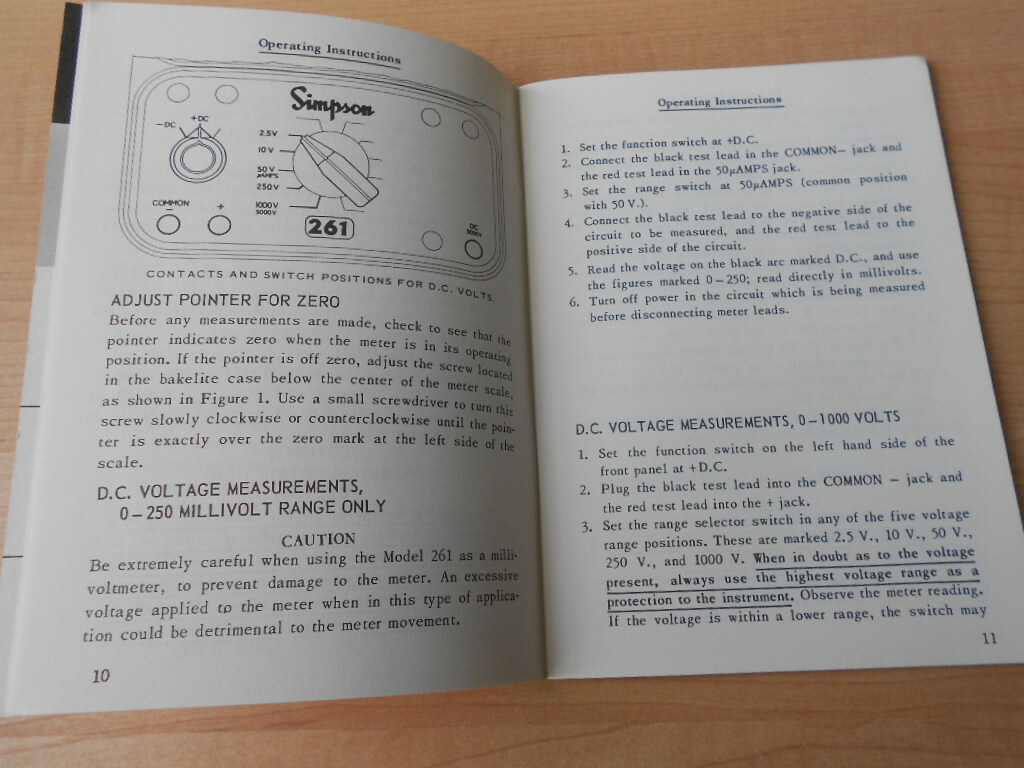1963 Simpson 261 Volt-Ohm-Millammeter Operators Manual Original