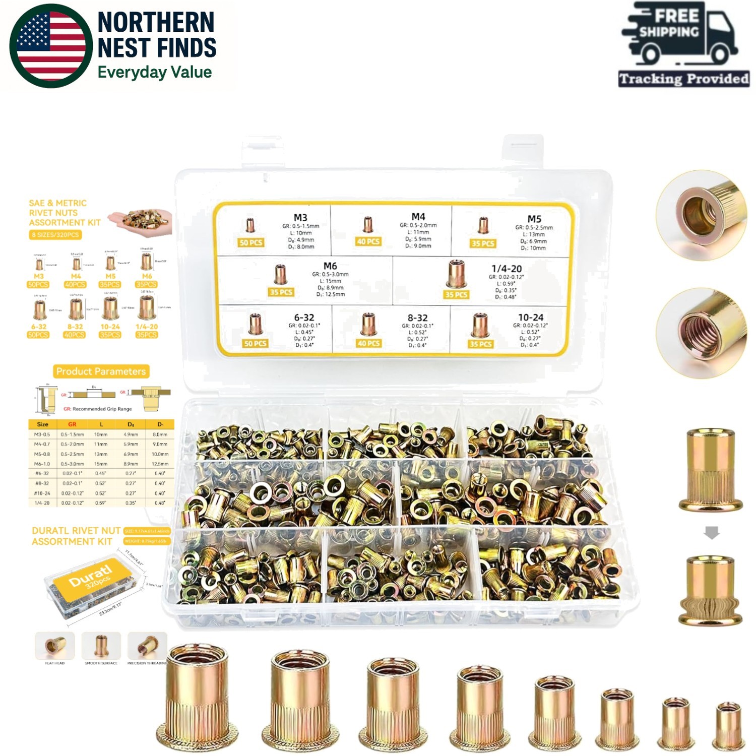 320-Piece Rivet Nut Tool Kit: SAE & Metric Fasteners for Automotive Mastery