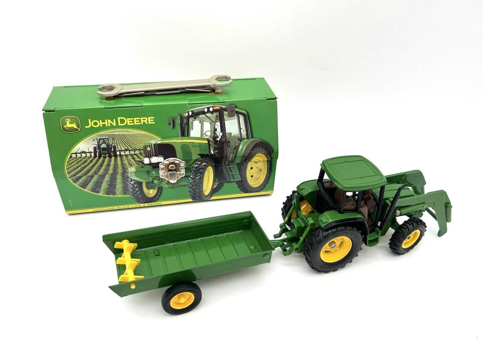 John Deere Tractor & Trailer Diecast Toy w/ Tin Toolbox Case Licensed Product