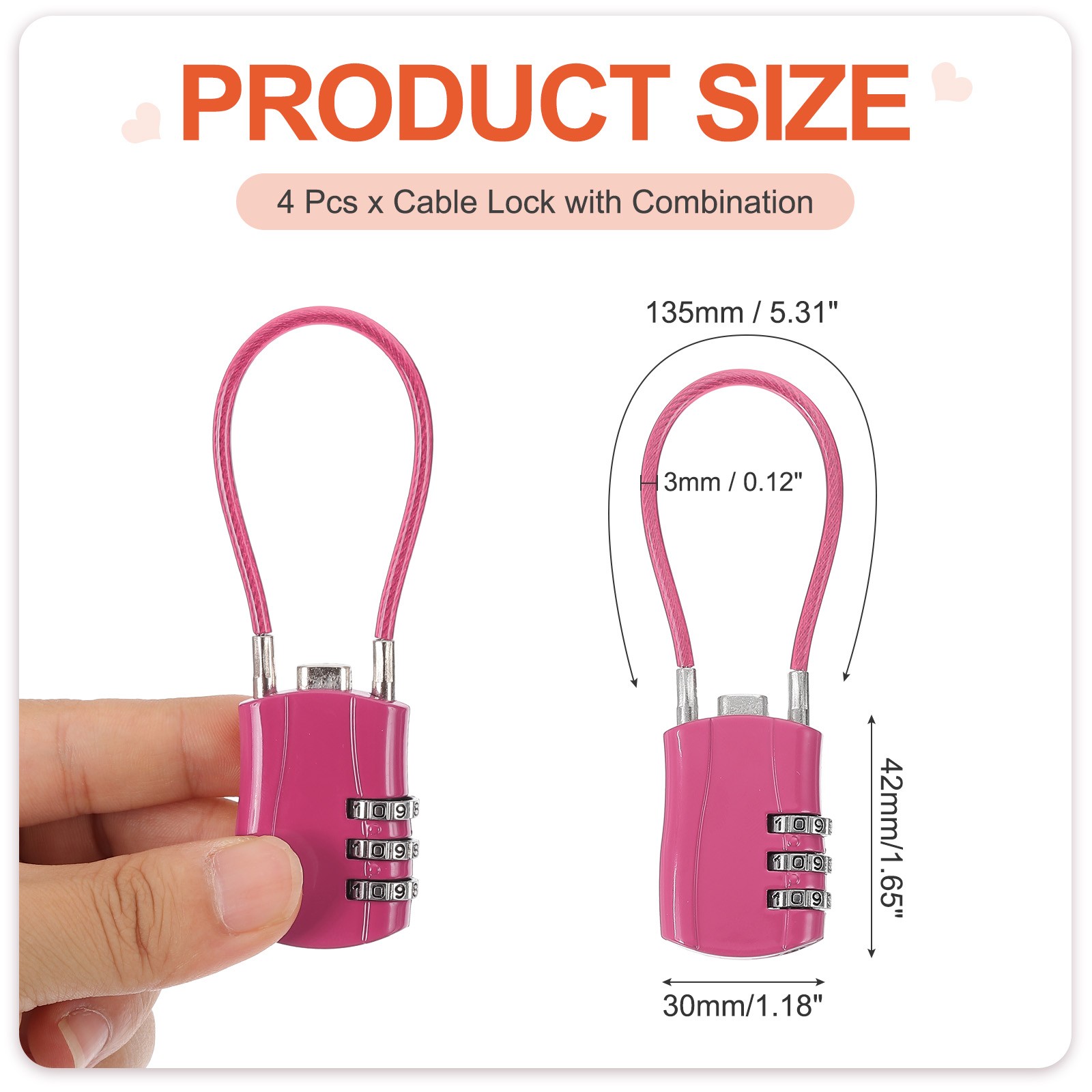 4 Pcs 3 Digit Luggage Cable Combination Lock with 5" Long Cable, Rose