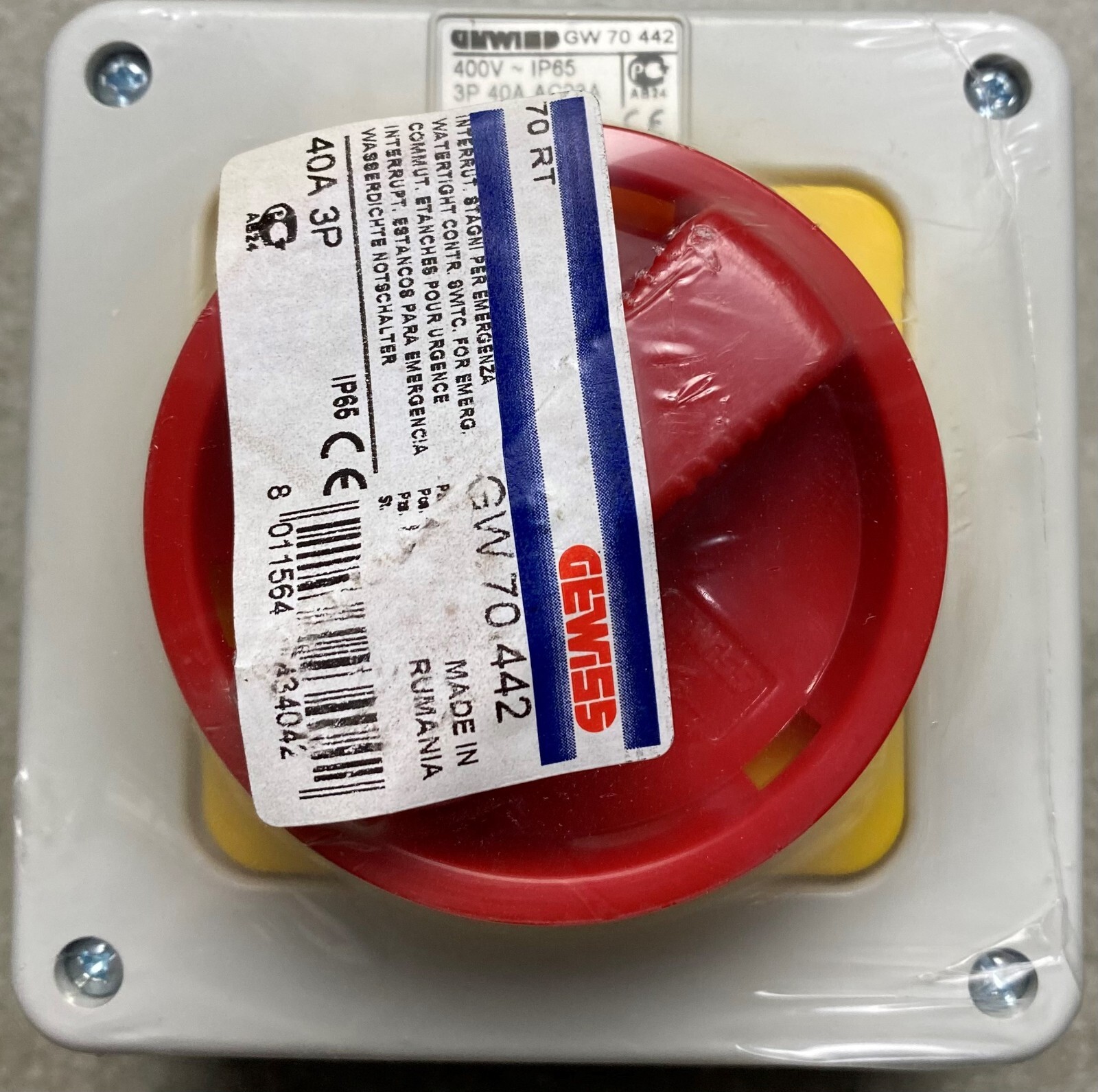 GEWISS GW70442 Rotary Switch, Wall Mounting, Lockable, 3P 40A, 400V, IP65