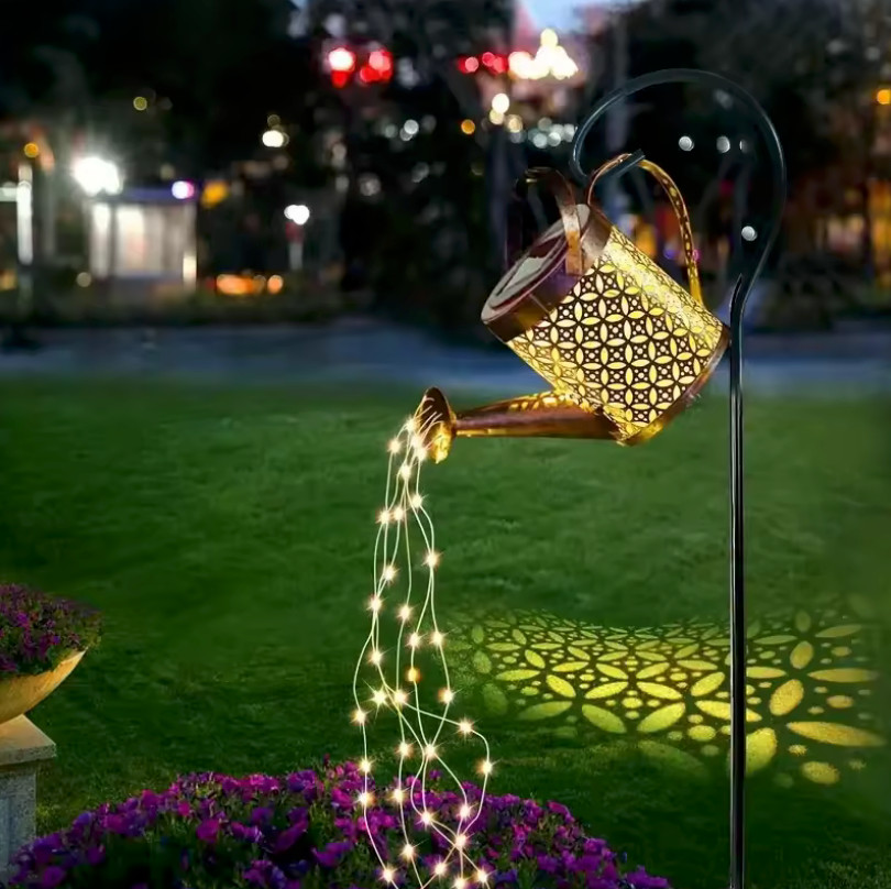 Solar Powered LED String Light Watering Can Hollow Outdoor Garden Art Lamp Decor