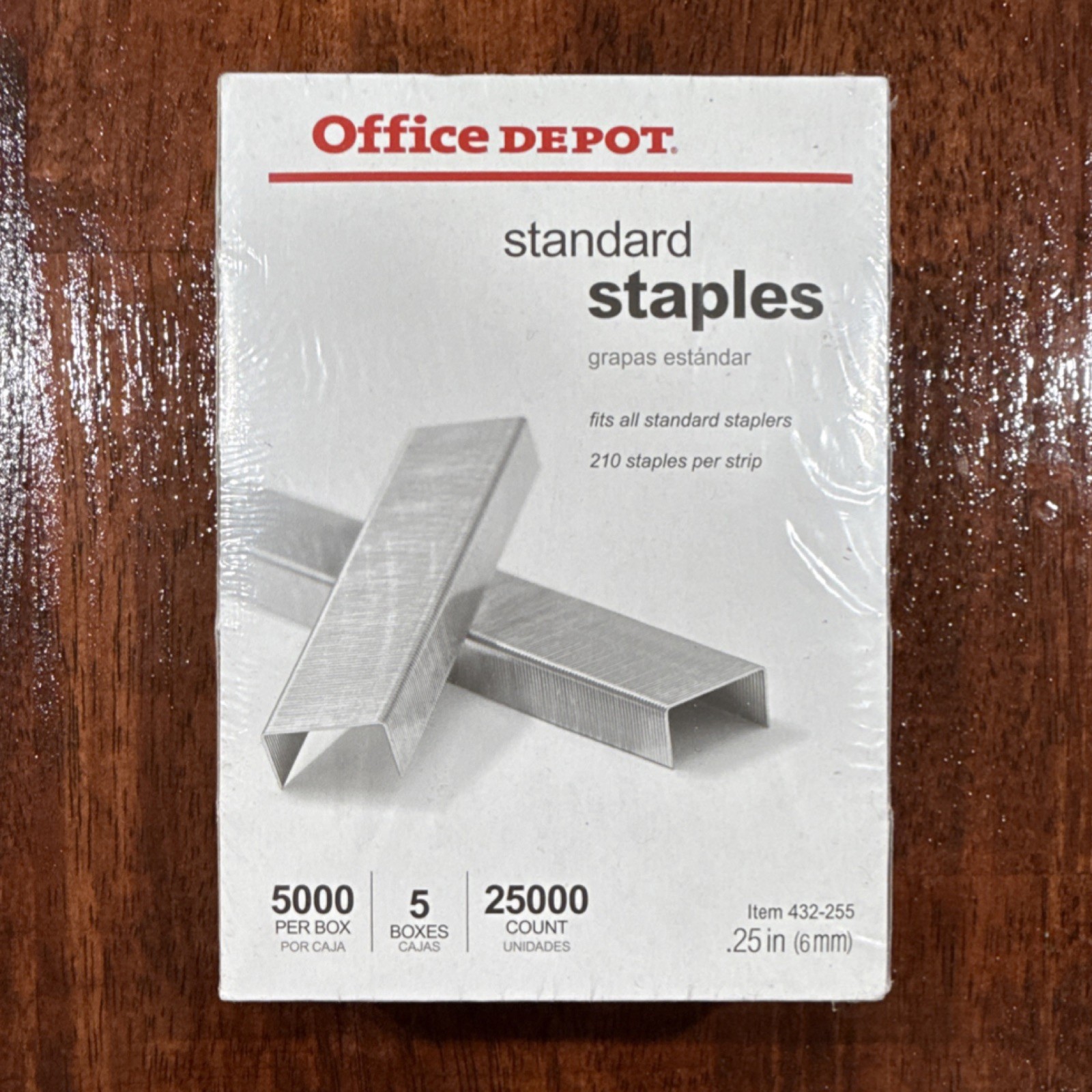 Office Depot Standard Staples 25,000 Count, 432-255, .25 in, 5 Boxes, 5,000/Box