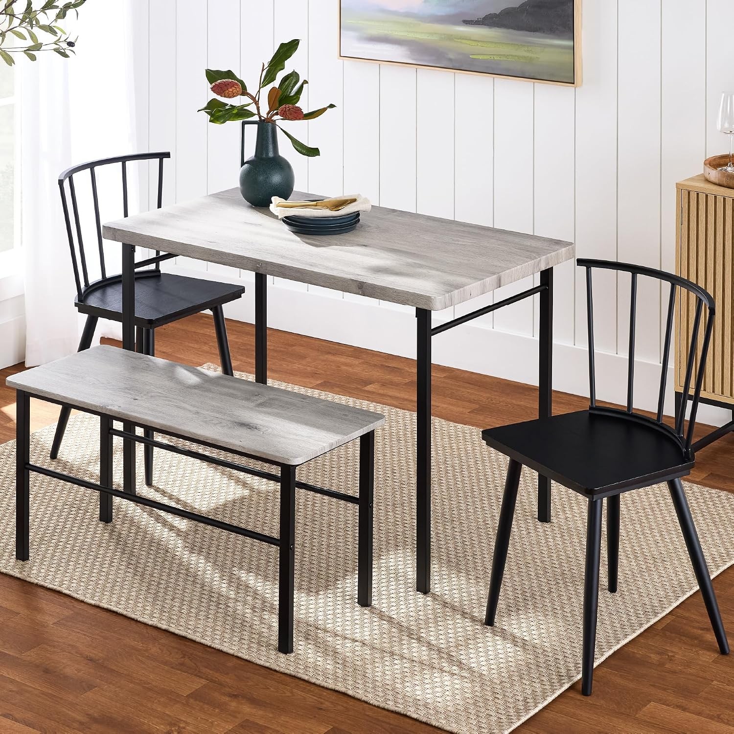 4-Piece Farmhouse Dining Table Set W/ 2 Black Spindle Chairs Dining Bench