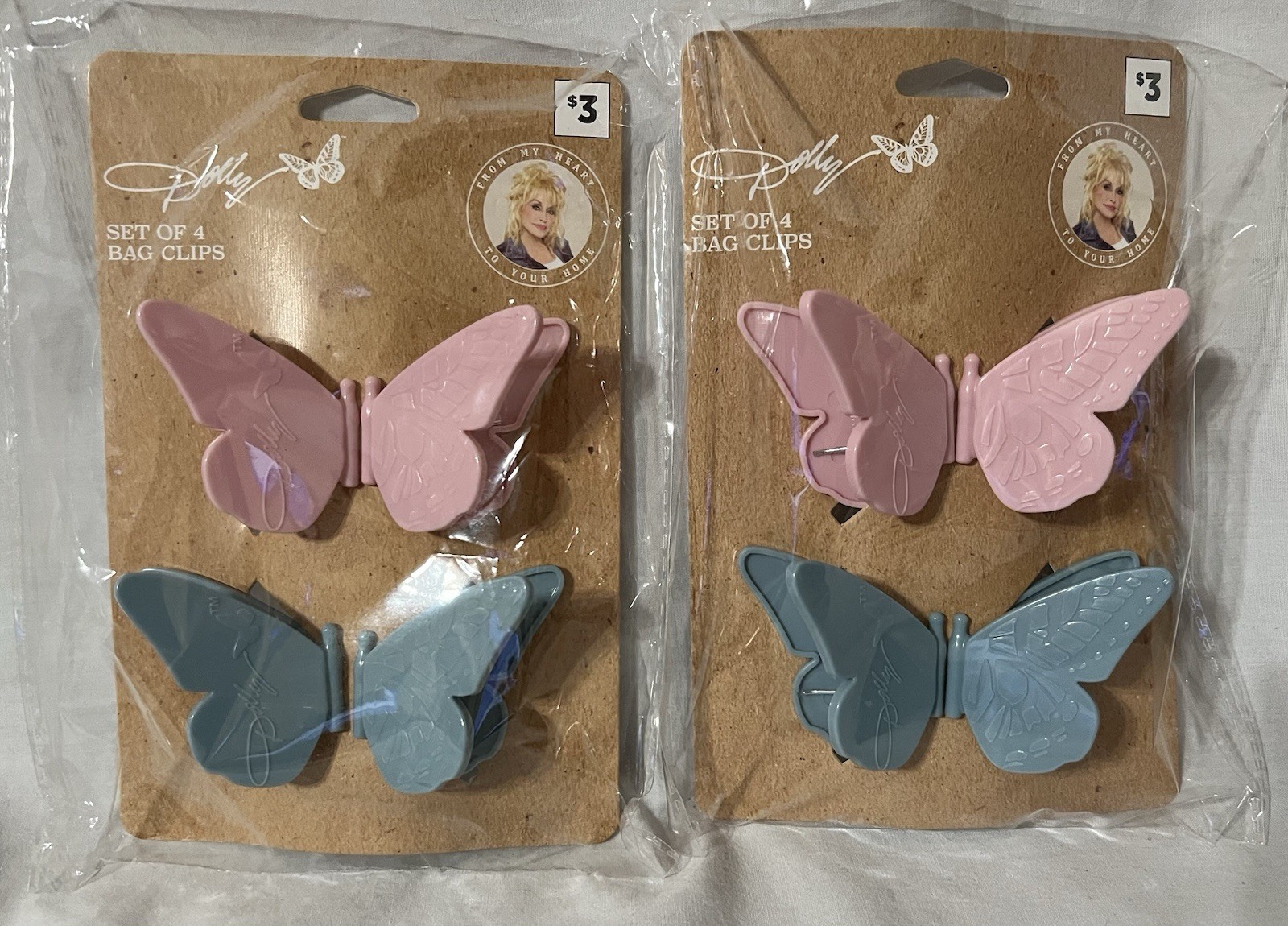 Two (2) Packs Dolly Parton Set of 4 Blue & Pink Butterfly Bag Clips