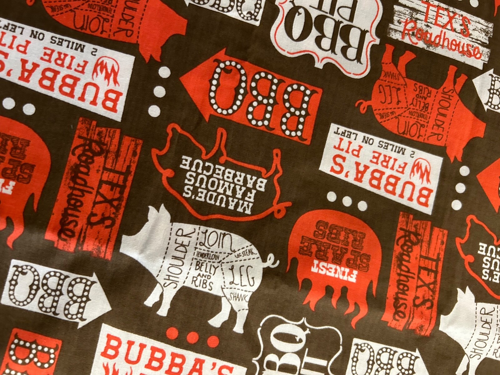 2 Yards BBQ Signs Print Fabric featuring Texas Roadhouse, Bubba's and more