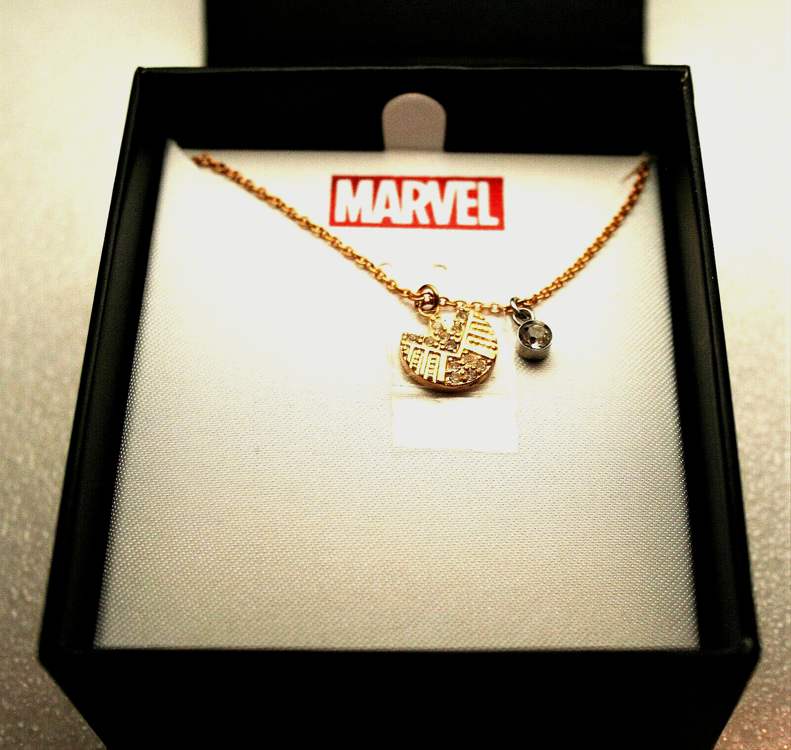 Marvel Comics Shield S.H.I.E.L.D Logo Goldtone Crystal Necklace New NOS 2018 Box