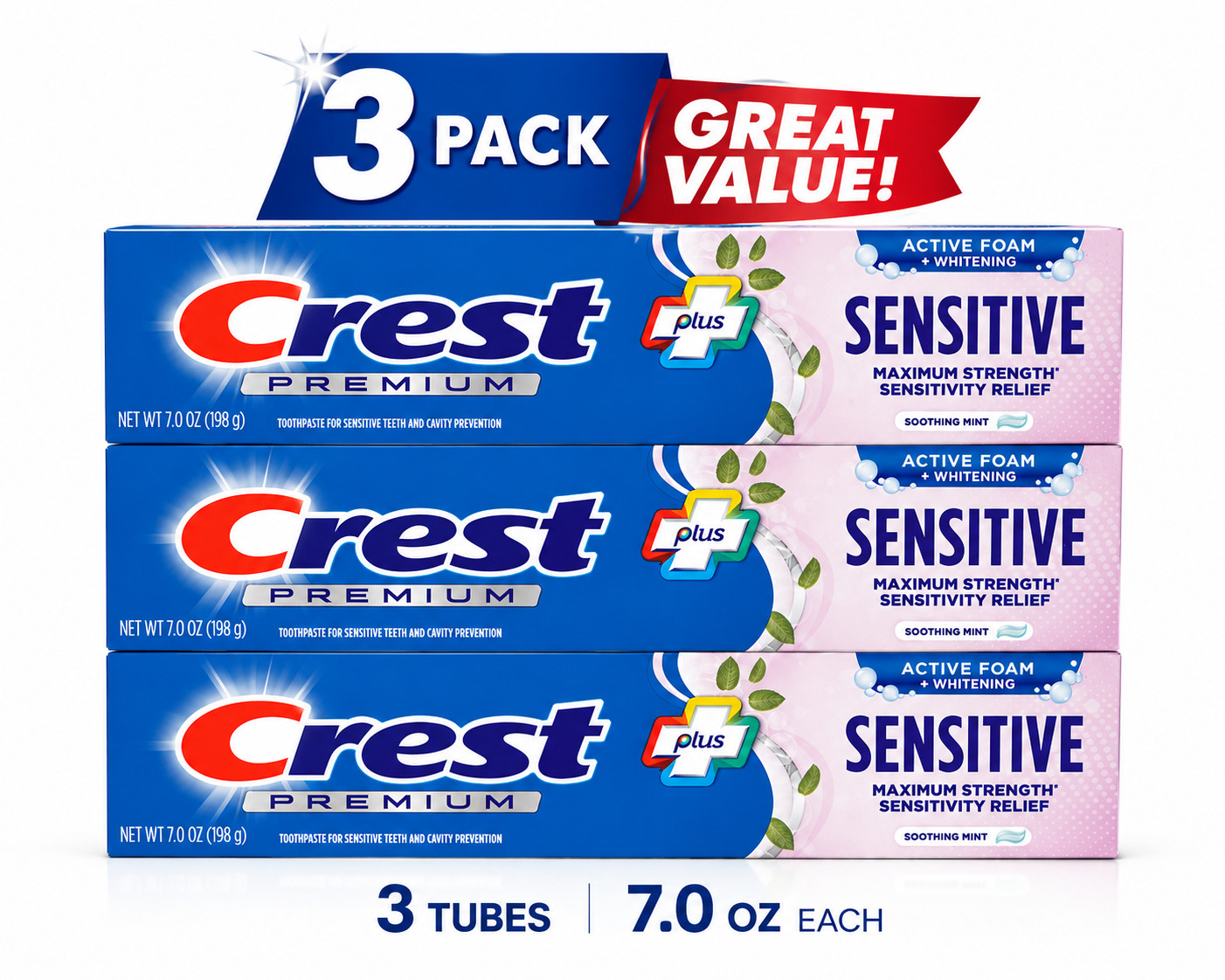 Crest Premium Plus Sensitive Toothpaste Soothing Mint 7oz Active Foam 3Pack-NEW