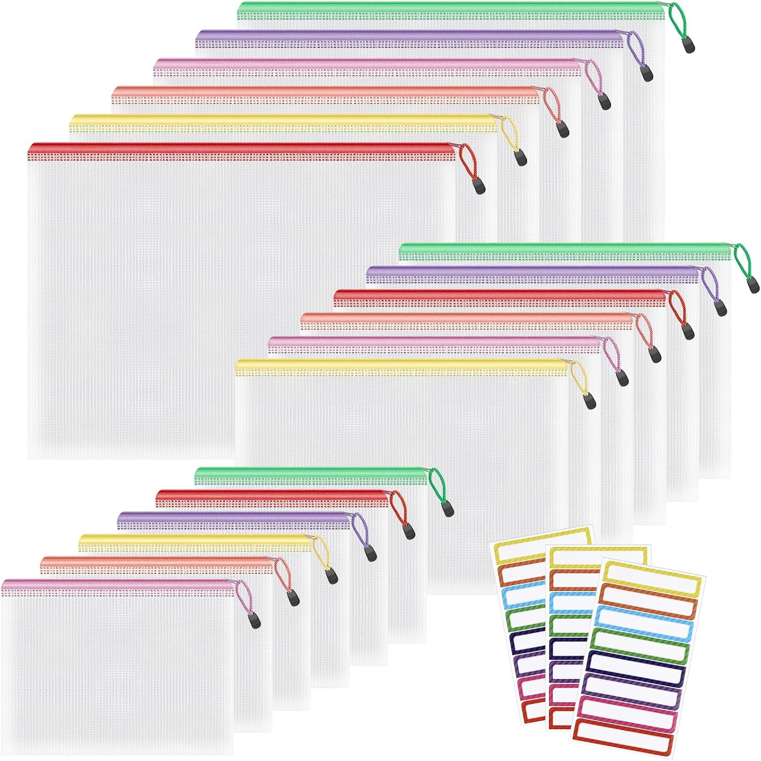 Mesh Zipper Pouch Bags, A3+A4+A5, (6 Colors, 18 Packs), Clear Zipper Pouches, Wa