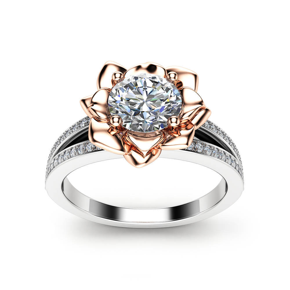 Flower Two Tone 925 Silver Filled Jewelry Women Wedding Ring Cubic Zircon Sz6-10
