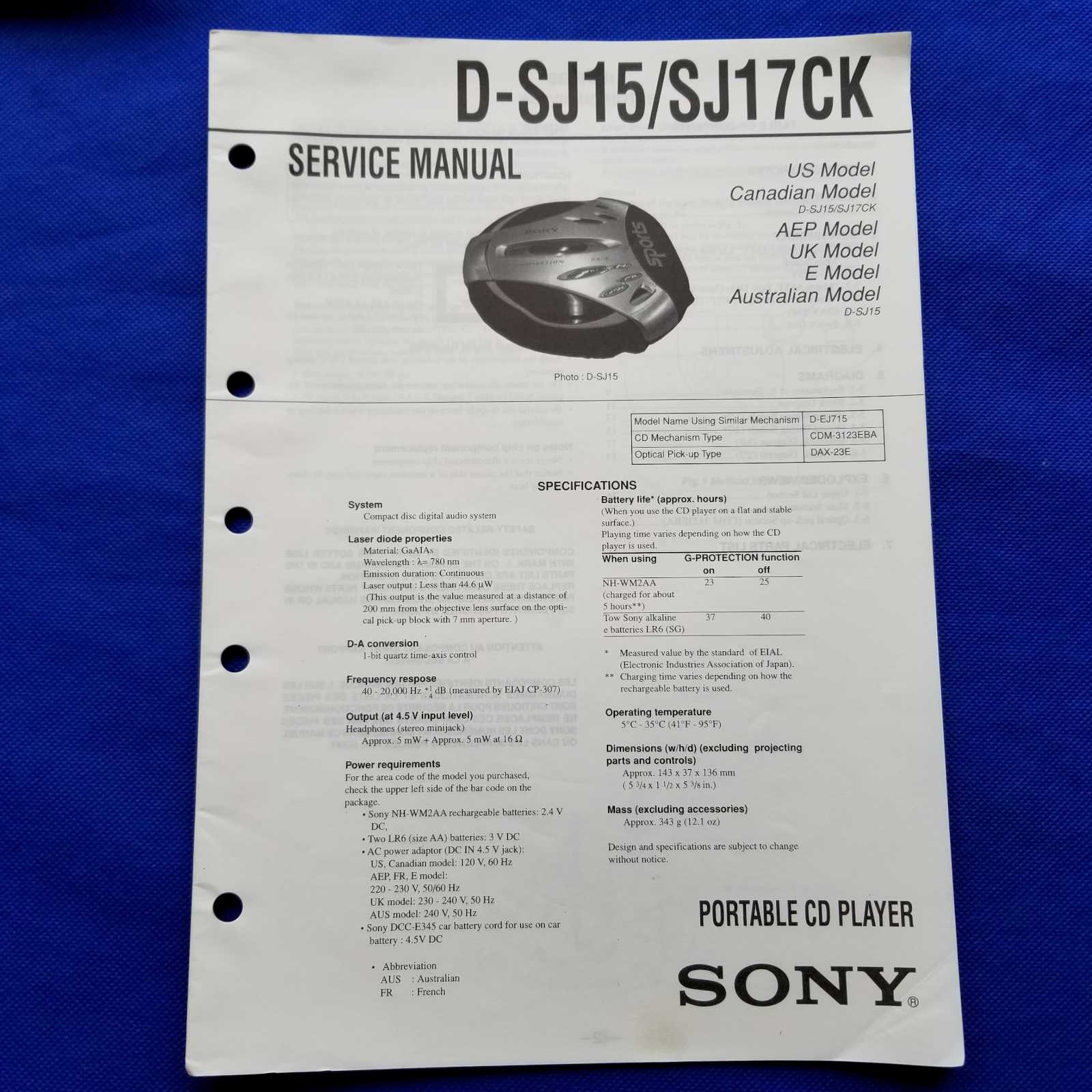 SONY D-SJ15 D-SJ17CK Service Manual Original Paper OEM Repair Guide - USA