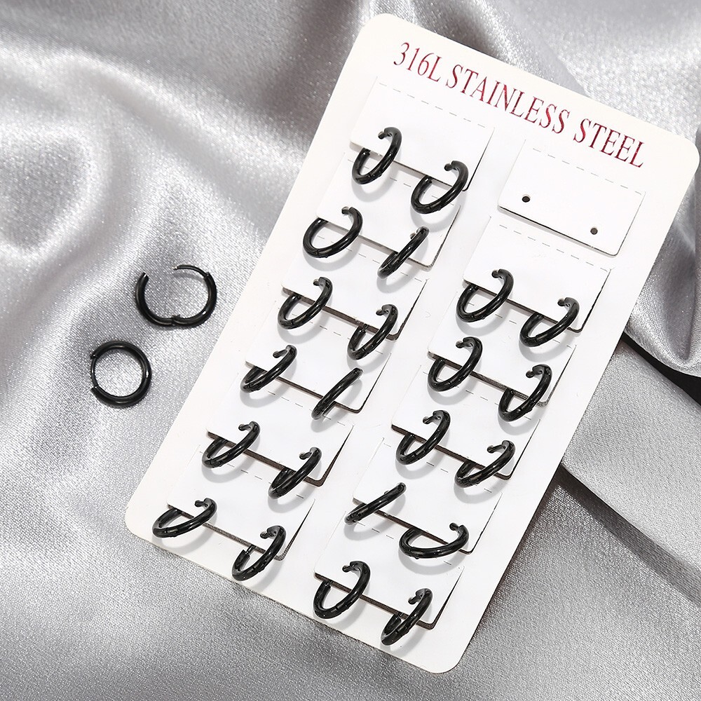 12 pairs/Card Stainless Steel Black Round Hoop Women Earrings 8-12mm